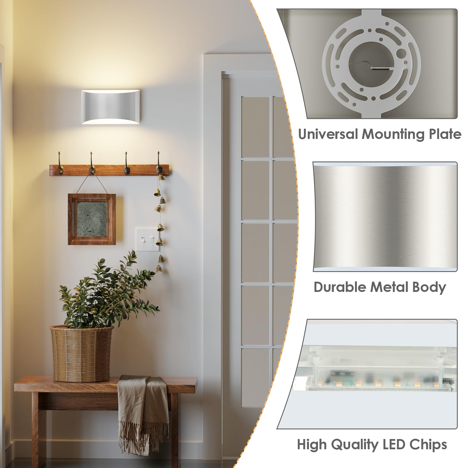 FOLKSMATE Modern LED Wall Sconces, 10W Up and Down Mount, 3000K Warm White, Silver, 7.68in, Model XYBY-LED,