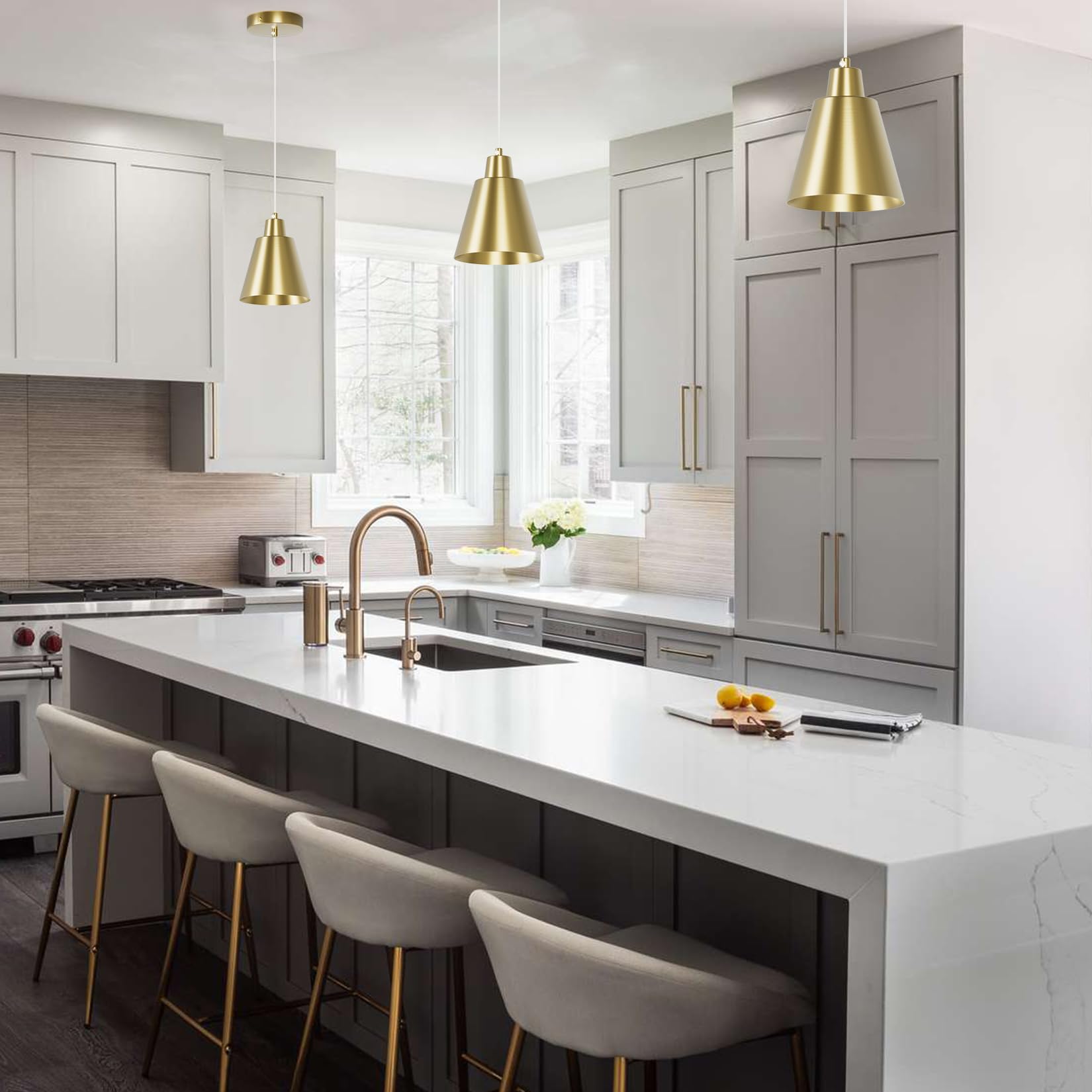 Brass Industrial Vintage Pendant Lights - Kitchen Island, Dining Table, Bedroom Bar - Black Metal Shade, 3 Pack