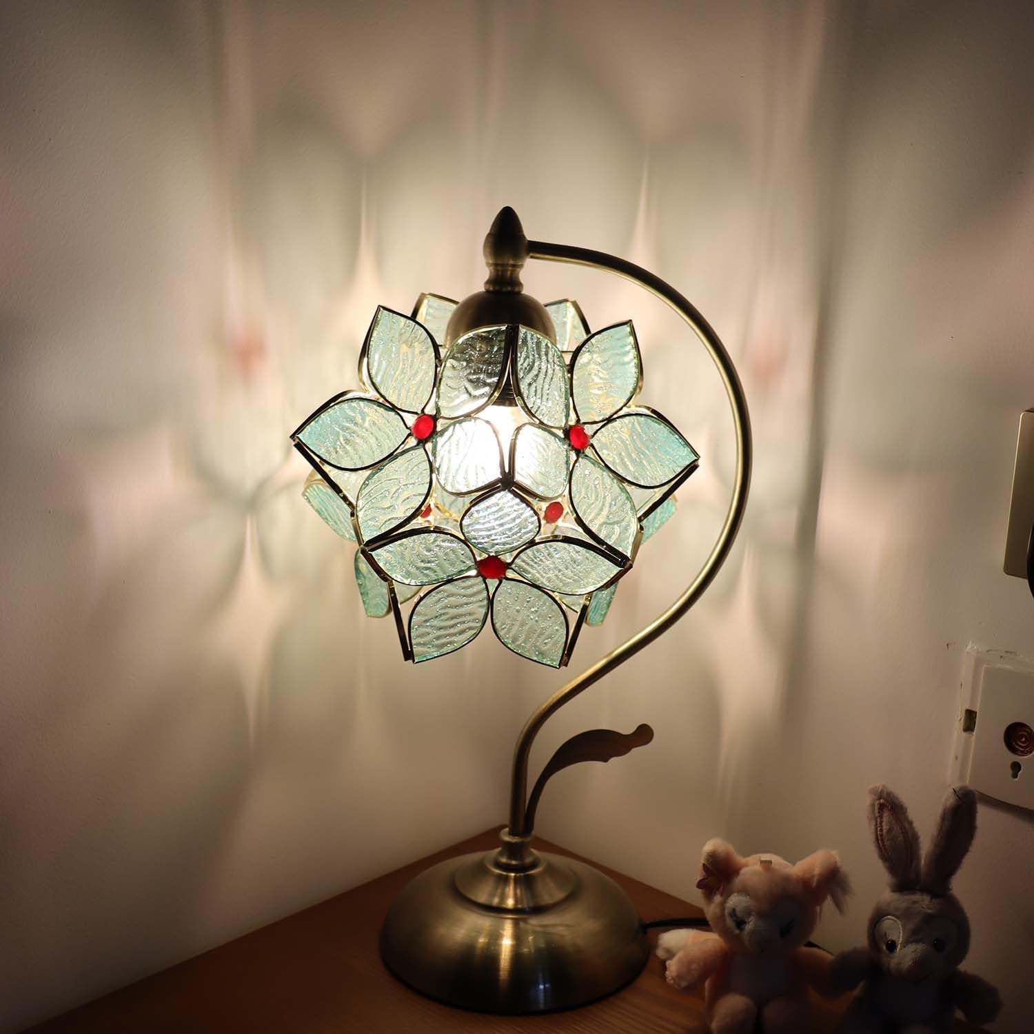 Bieye L10932 Tiffany Style Stained Glass Flower Petal Table Lamp With Brass Base For Home D  Cor (Light Blue, 8'' Apple Blossom)