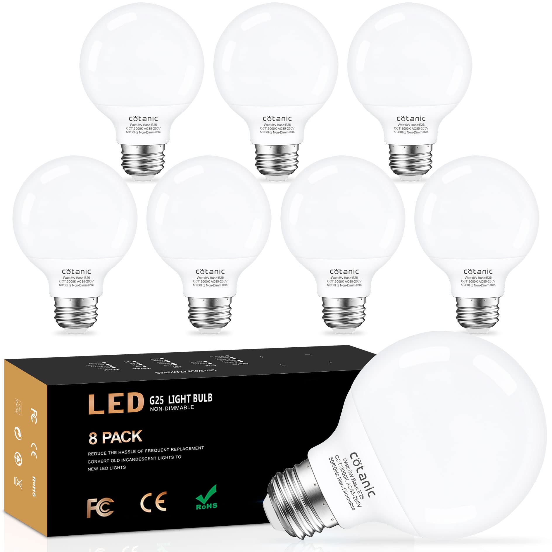 Cotanic Bathroom Round Light Bulb, E26 Standard Base, 5W, 60 Watt Equivalent Incandescent Replacement, 500Lm, Non-Dimmable, 8 Pa