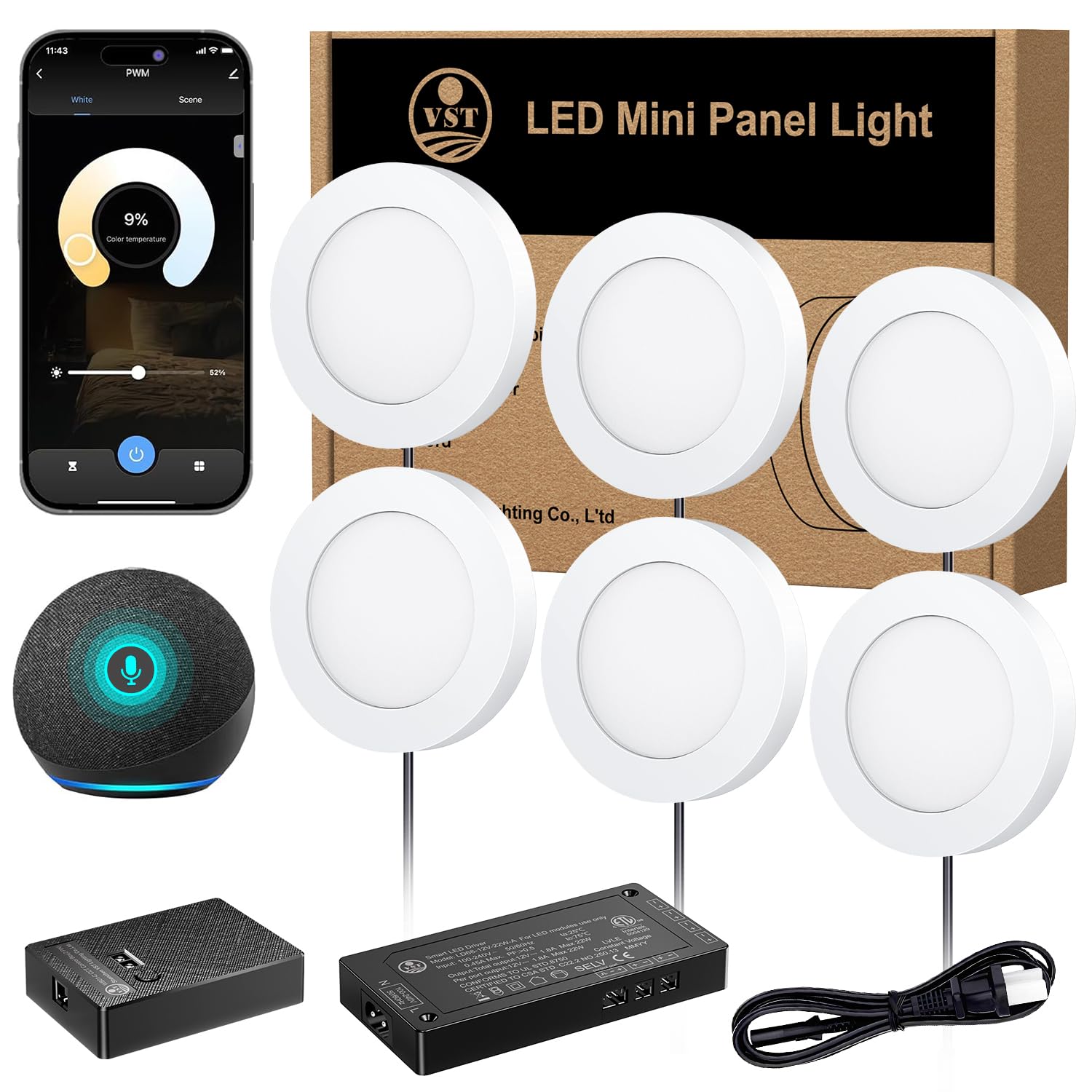 VST Smart Under Cabinet Lighting, Alexa & Google Home Compatible, 12V Puck Light, 6 Pack, White, Model PL05, 3000K-6000K