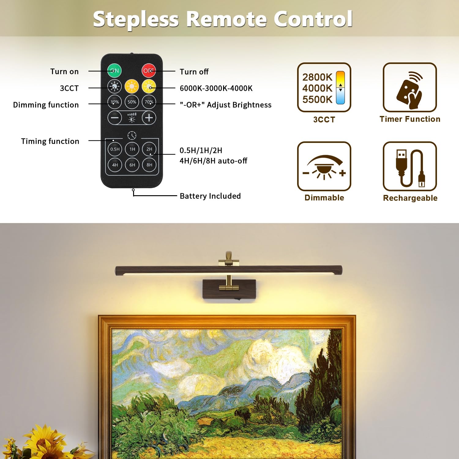 DESOOP Wireless Picture Light, 23.62" Dimmable Art Lighting, Wood Grain Finish, Rechargeable Acrylic Gallery Light, Model 7115