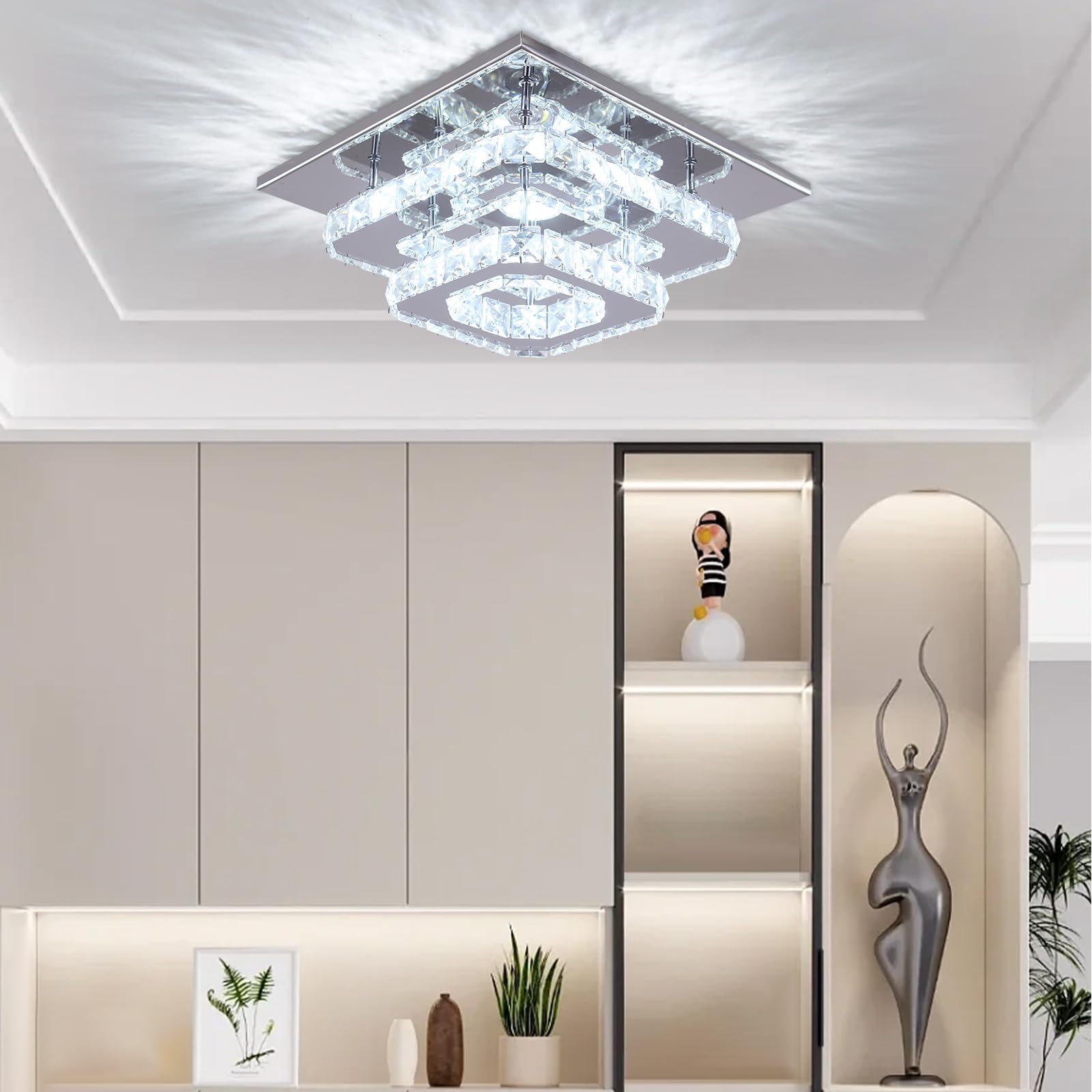 Finktonglan Crystal Led Ceiling Light - Modern Flush Mount Chandelier For Dining Room & Bedroom, Cool White