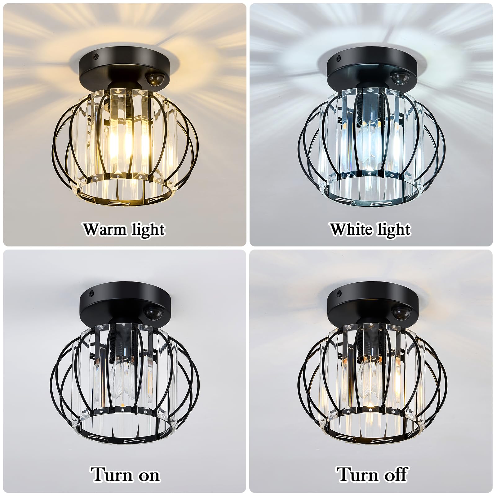 Yyjlx Indoor Motion Sensor Ceiling Light Fixture Modern Cryatal Semi Flush Mount Ceiling Light Black Ovrehead Light Fixture For