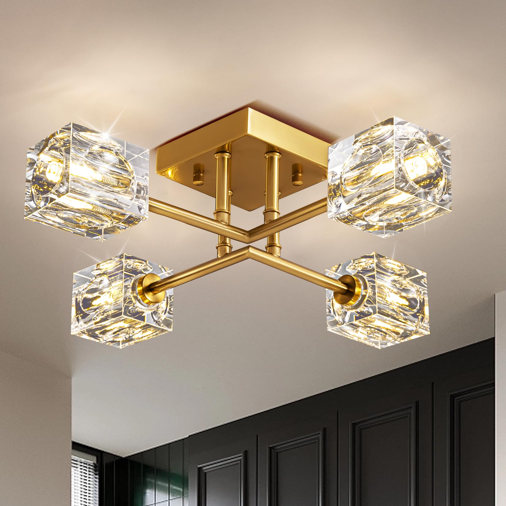 OKES Gold Modern Sputnik Chandelier Ceiling Light Fixtures,4-Lights Industrial Crystal Semi Flush Mount Ceiling Light for Bedroo