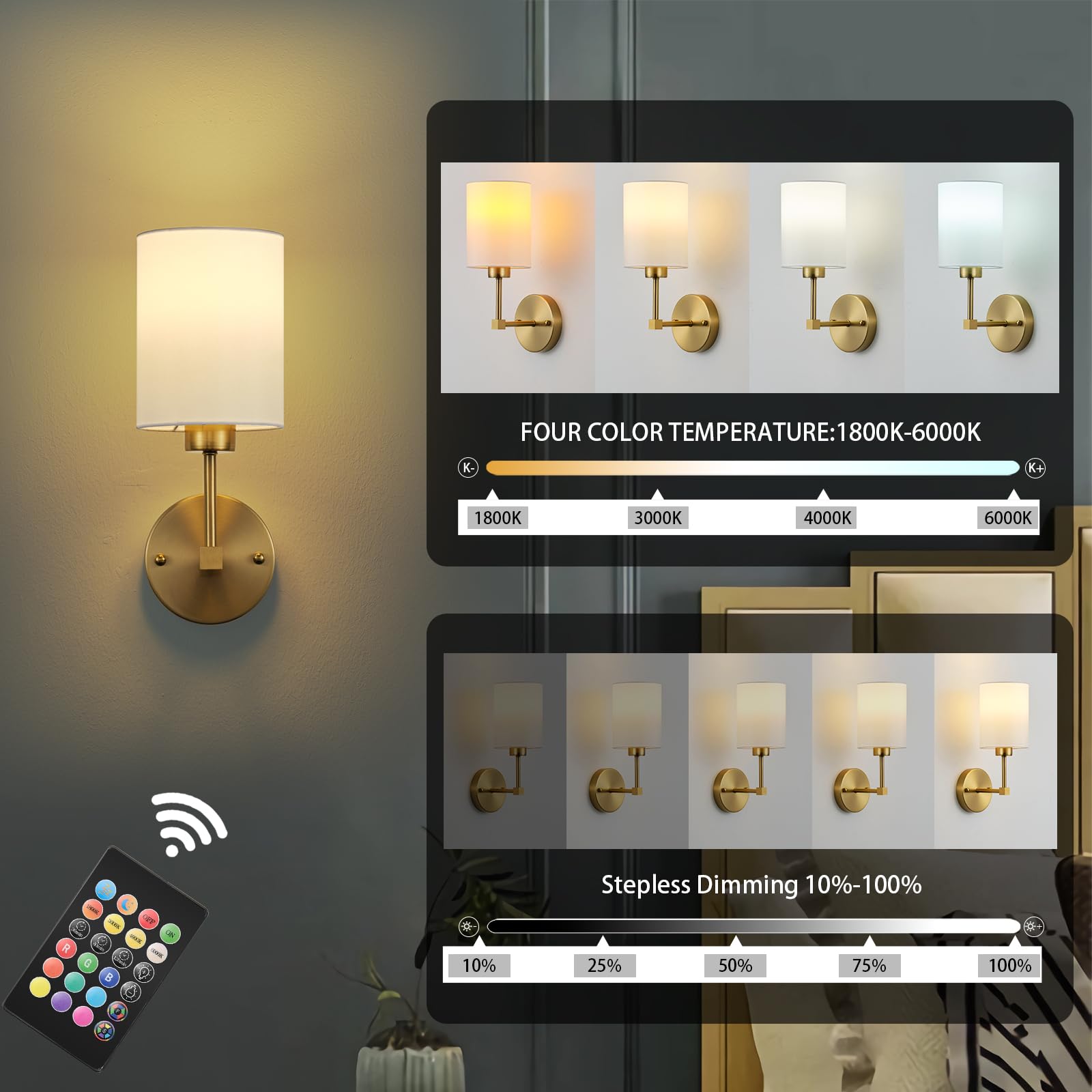 KARTOOSH Battery Operated Wall Sconce Set of Two, Wireless, Dimmable, 13.5 Inch, Brass, Model ZM213BBS35-N1