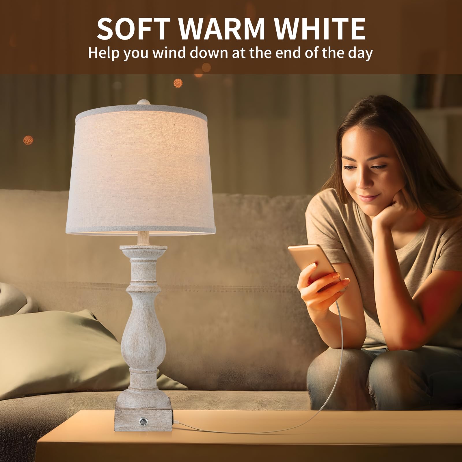Table Lamps Set Of 2 Vintage Night Stand Light Touch Dimmable Desk Lamp Farmhouse Resin Lamp,Bedside Lamps With Usb Ports And Ou
