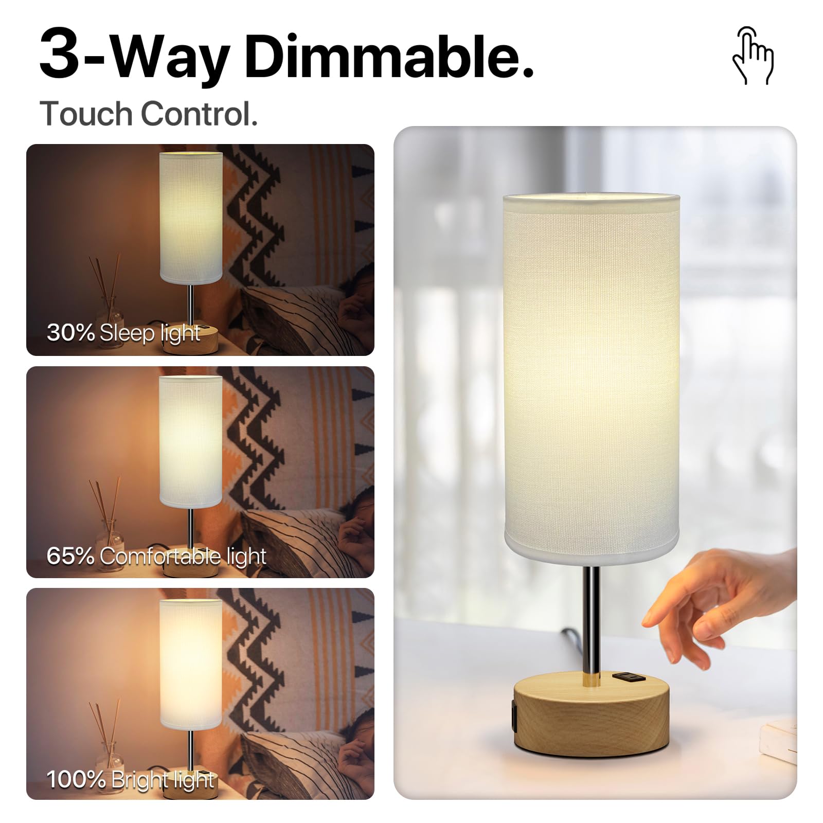 KPQ Touch Control Table Lamp, 3-Way Dimmable, USB A+C Ports, 14in Small Size, White Shade-Wood Base