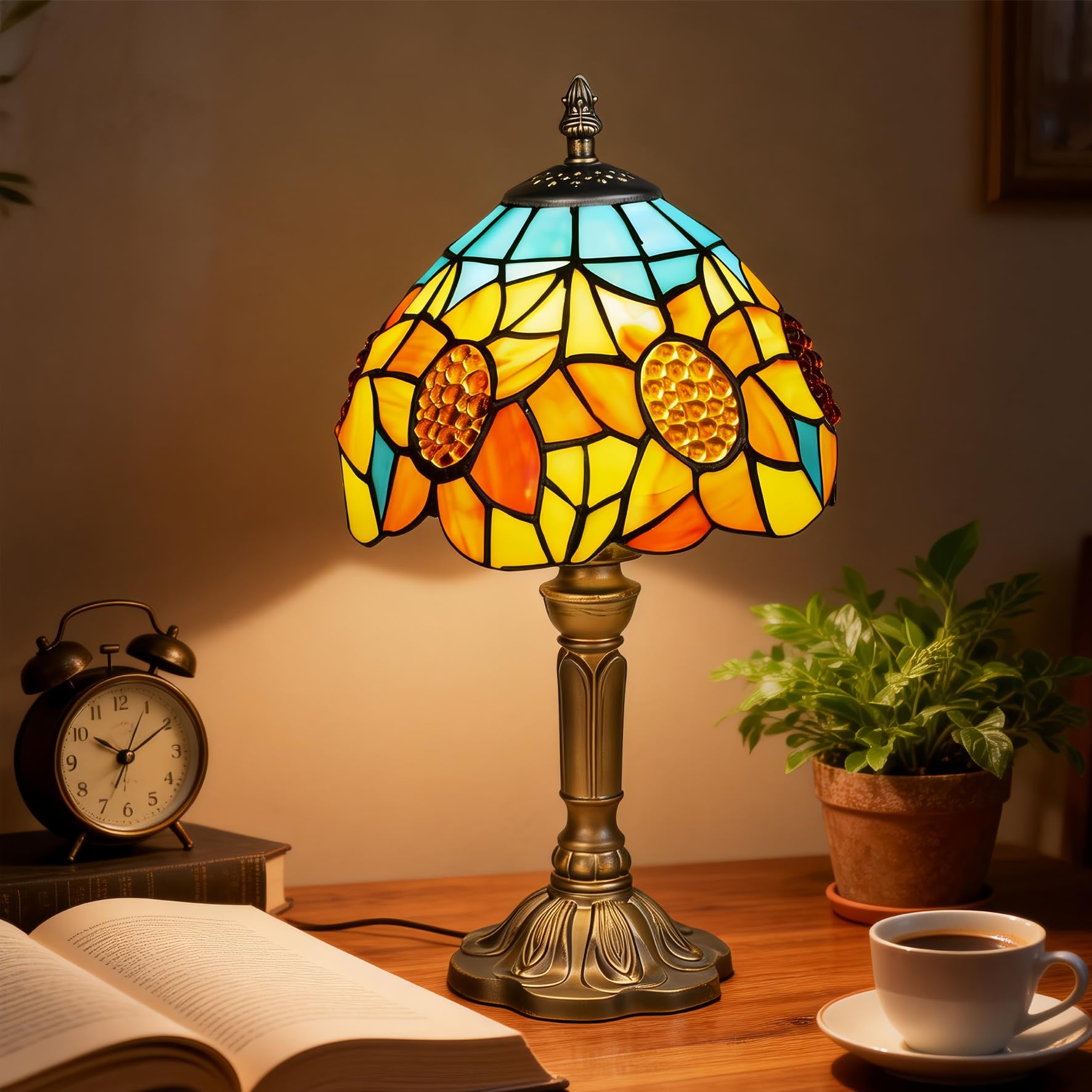 Plynvexa Sunflower Tiffany Style Table Lamp with LED Bulb  8 Inch Handmade Stained Glass Light  Antique Desk & Bedside Lamp for Living Room  Bedroom  Study  Art Decor Gift