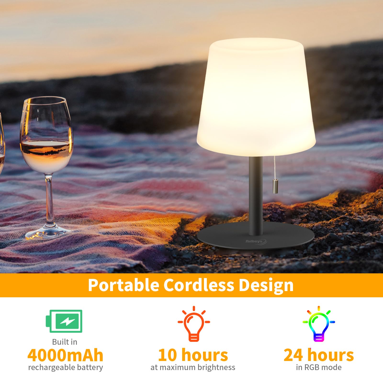 Tulbeys Warm & Rgb Cordless Lamp For Outdoor Patio Decor | Battery Powered | Farmhouse Table Lamp | White Desk Lamp For College