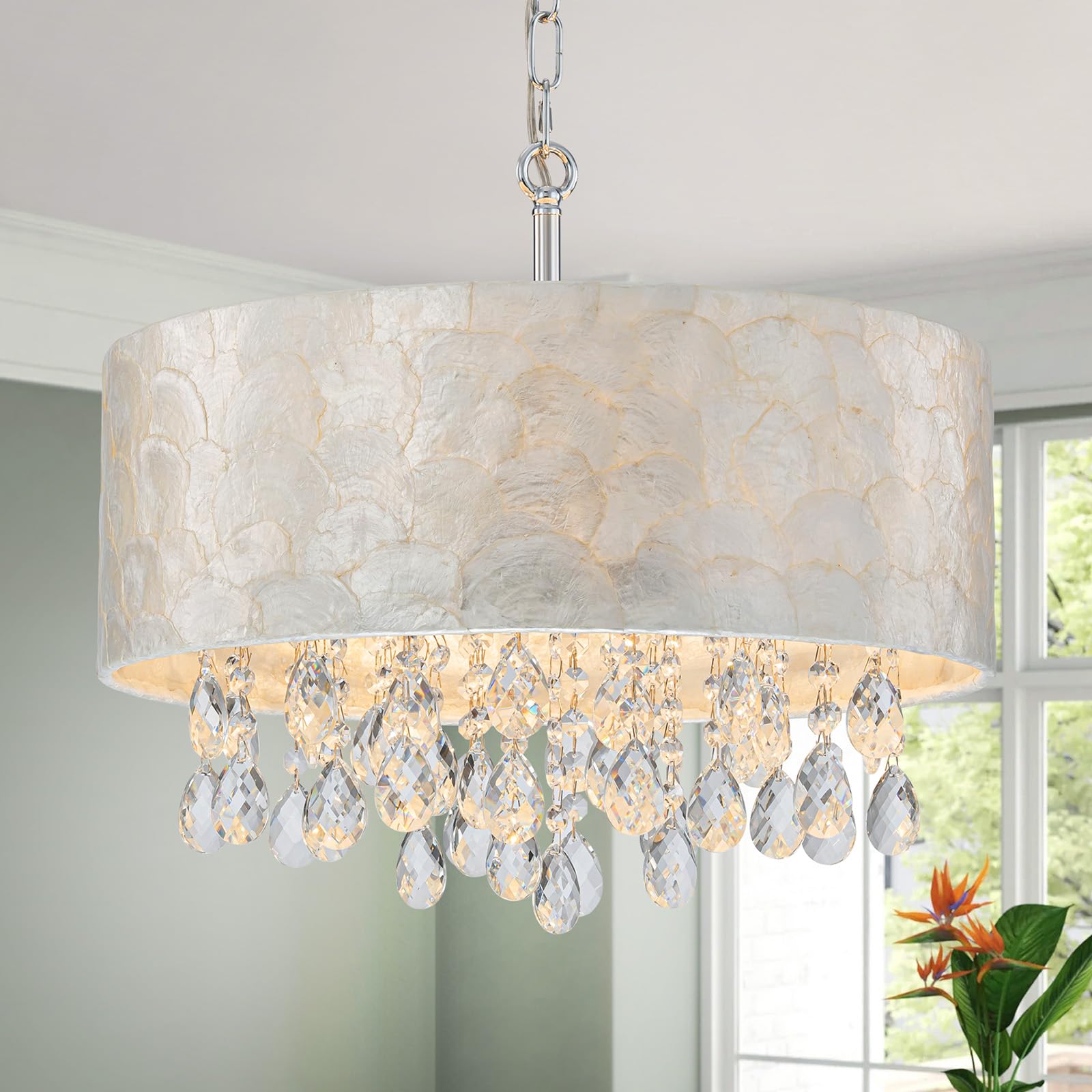 LumFurn 3-Lights Capiz Shell Chandelier, Drum Pendant Light, Chrome Finish, D12 x H19~49in Adjustable