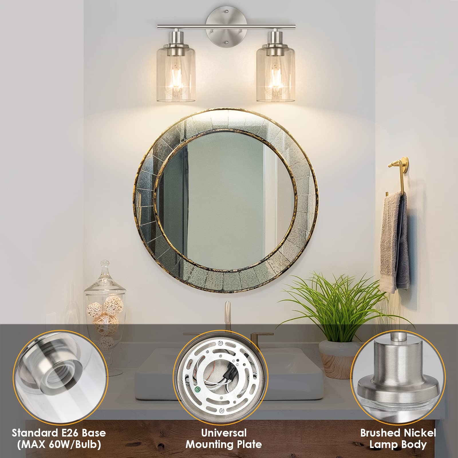 Folksmate Bathroom Light Fixtures, 2-Light Brushed Nickel Vanity Light, Silver Wall Sconce Lighting, Modern Bath Wall Mounted Li
