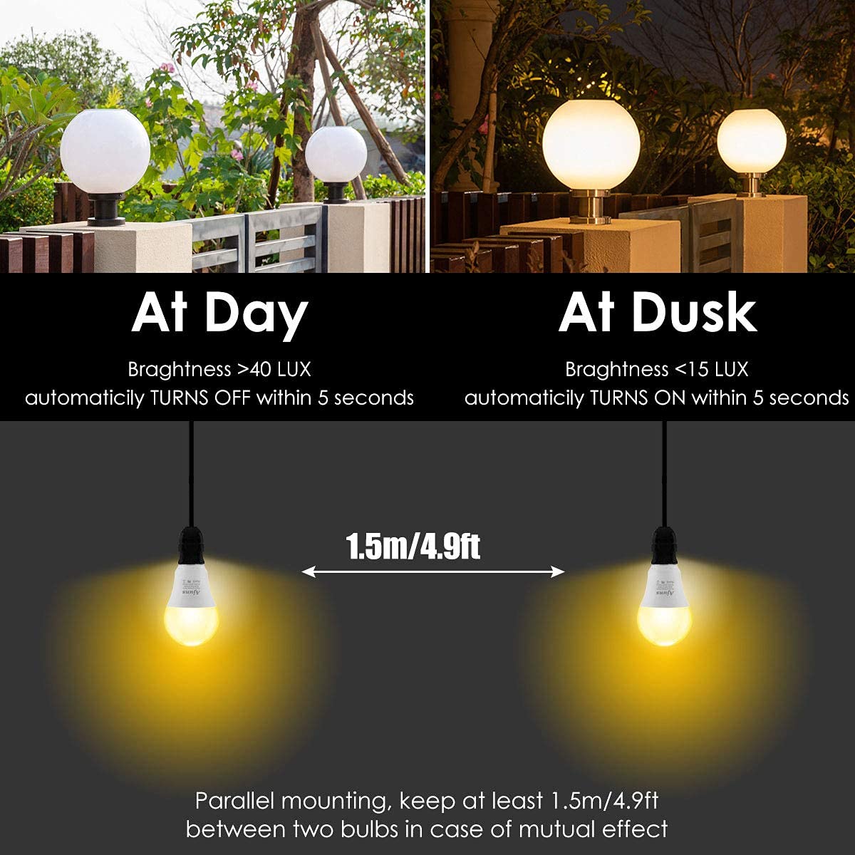 Ajuns Dusk To Dawn Led Light Bulb, 5W E26, 2700K Warm White, 2-Pack, Automatic On/Off, Ideal For Porch & Garage Lighting