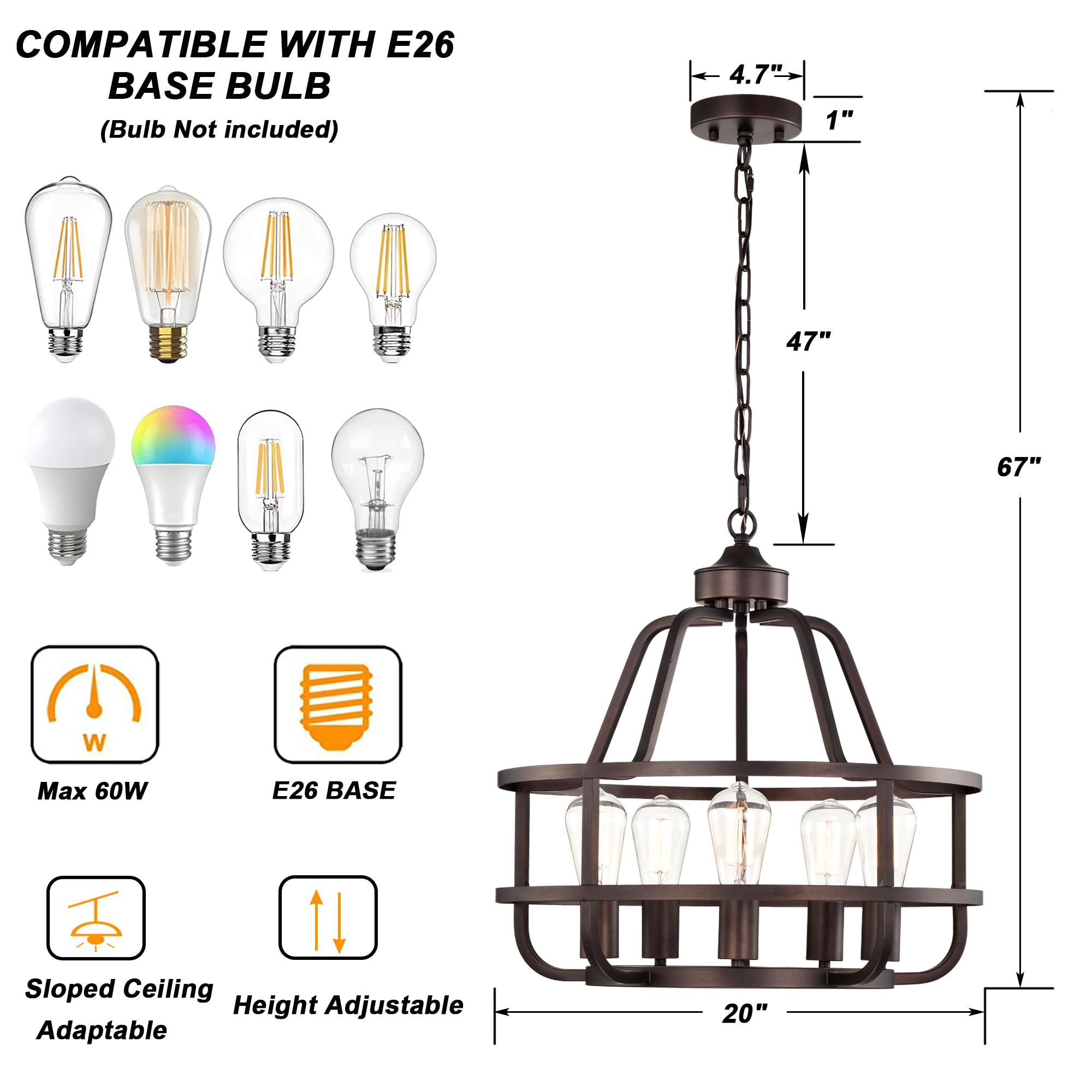 winsmart 20" Oil Rubbed Bronze 5-Light Farmhouse Chandelier - Metal Light Fixture for Dining Room, Kitchen Island, Entryway