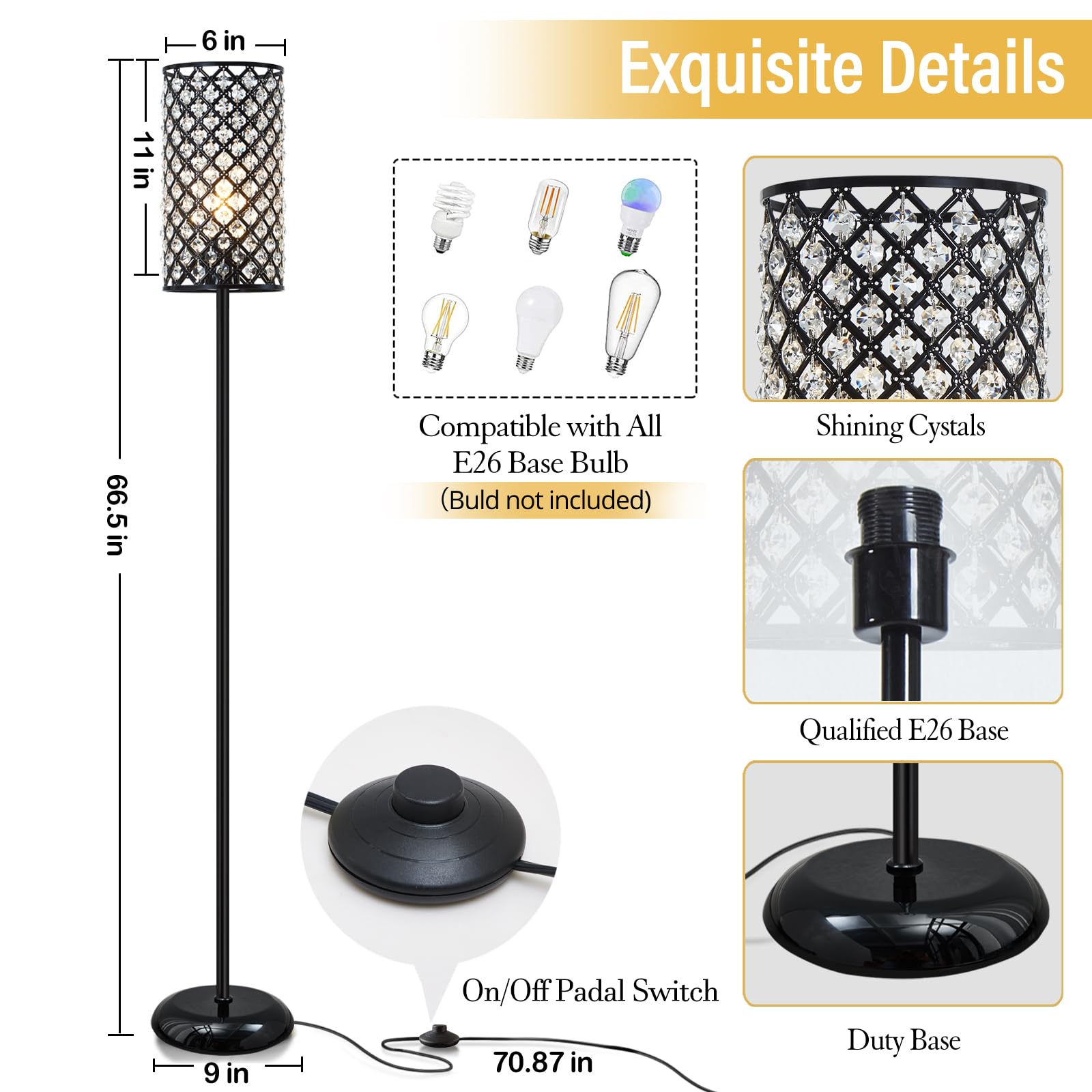 Crystal Floor Lamp, Modern Standing Lamp With Elegant Shade Black Floor Lamp With On/Off Foot Switch,Tall Pole Accent Lighting F