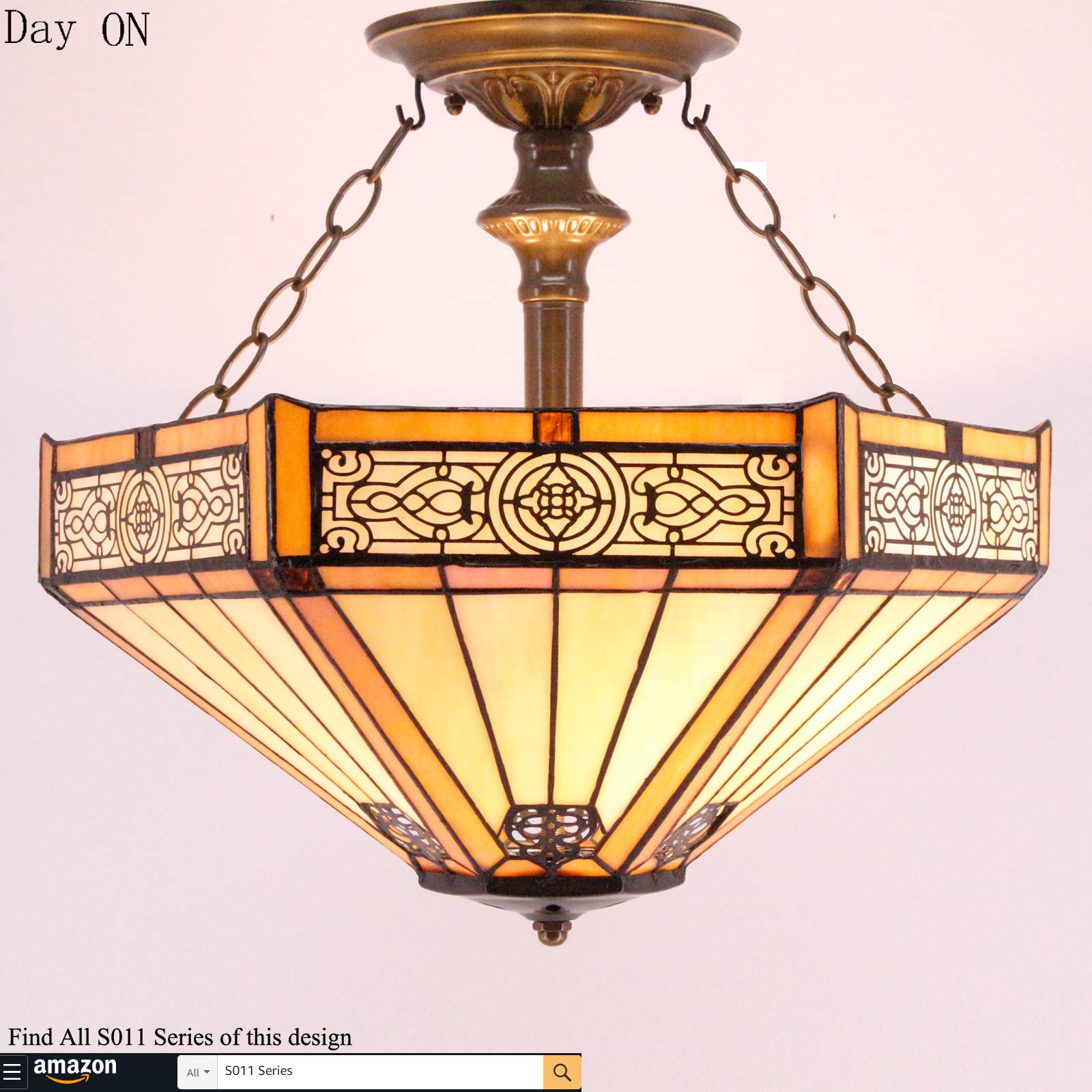 WERFACTORY Tiffany Ceiling Light Fixture Yellow Hexagon Stained Glass Mission Semi Flush Mount Lamp Wide 16 Inch Height 15 Inch