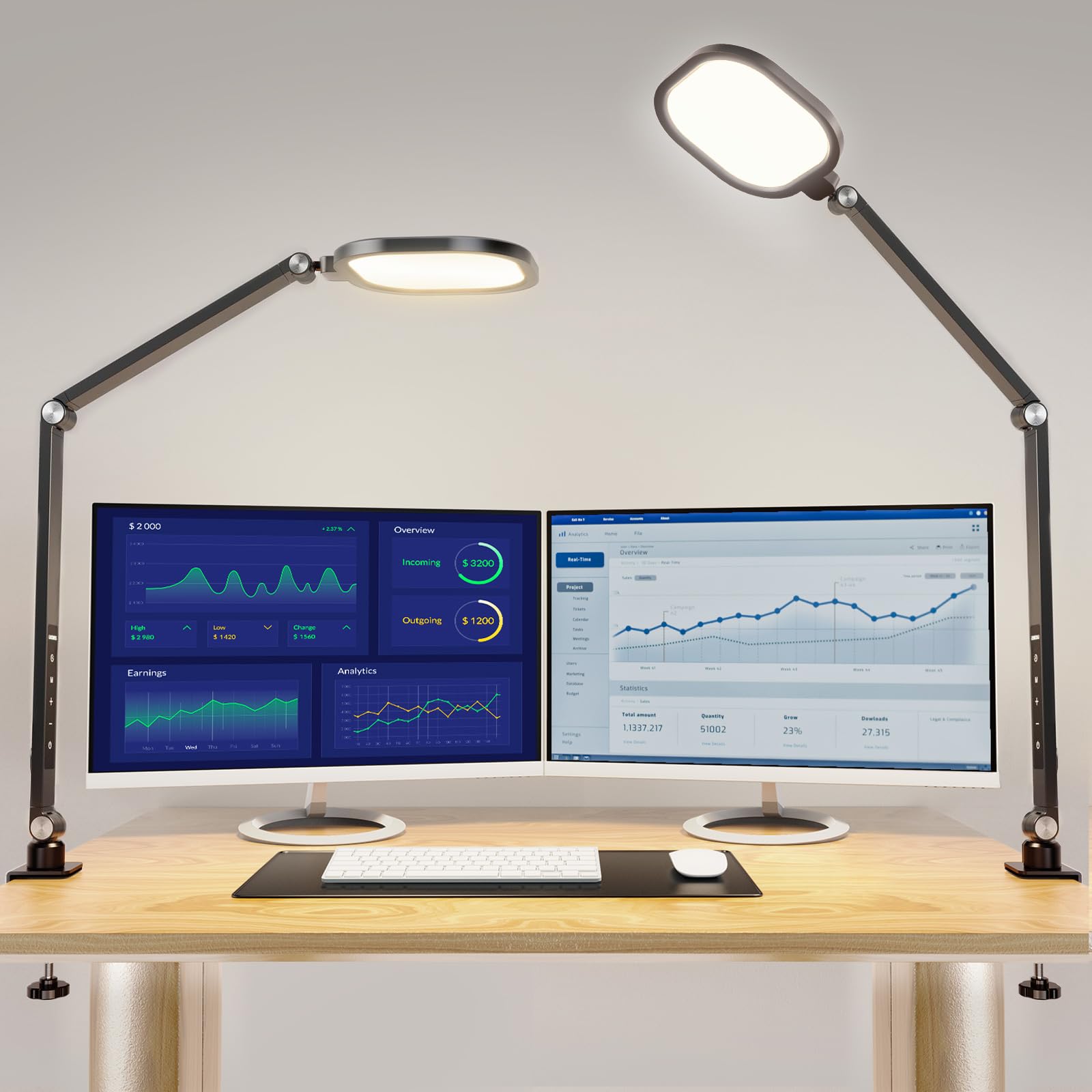 LitONES LED Desk Lamps 1200 Lumen, 3 Color & 10 Brightness Levels, Clamp Design, Black 2 Pack, Aluminum, Model F-618B