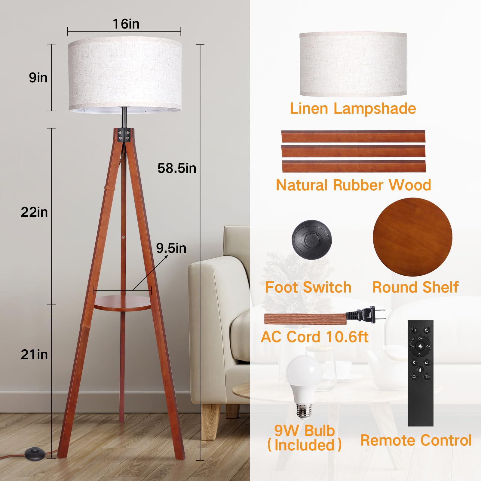 Outon Dimmable Wood Tripod Floor Lamp With Shelves, Remote Control, Mid Century Modern Standing Lamp 58.5'' For Bedroom, Living