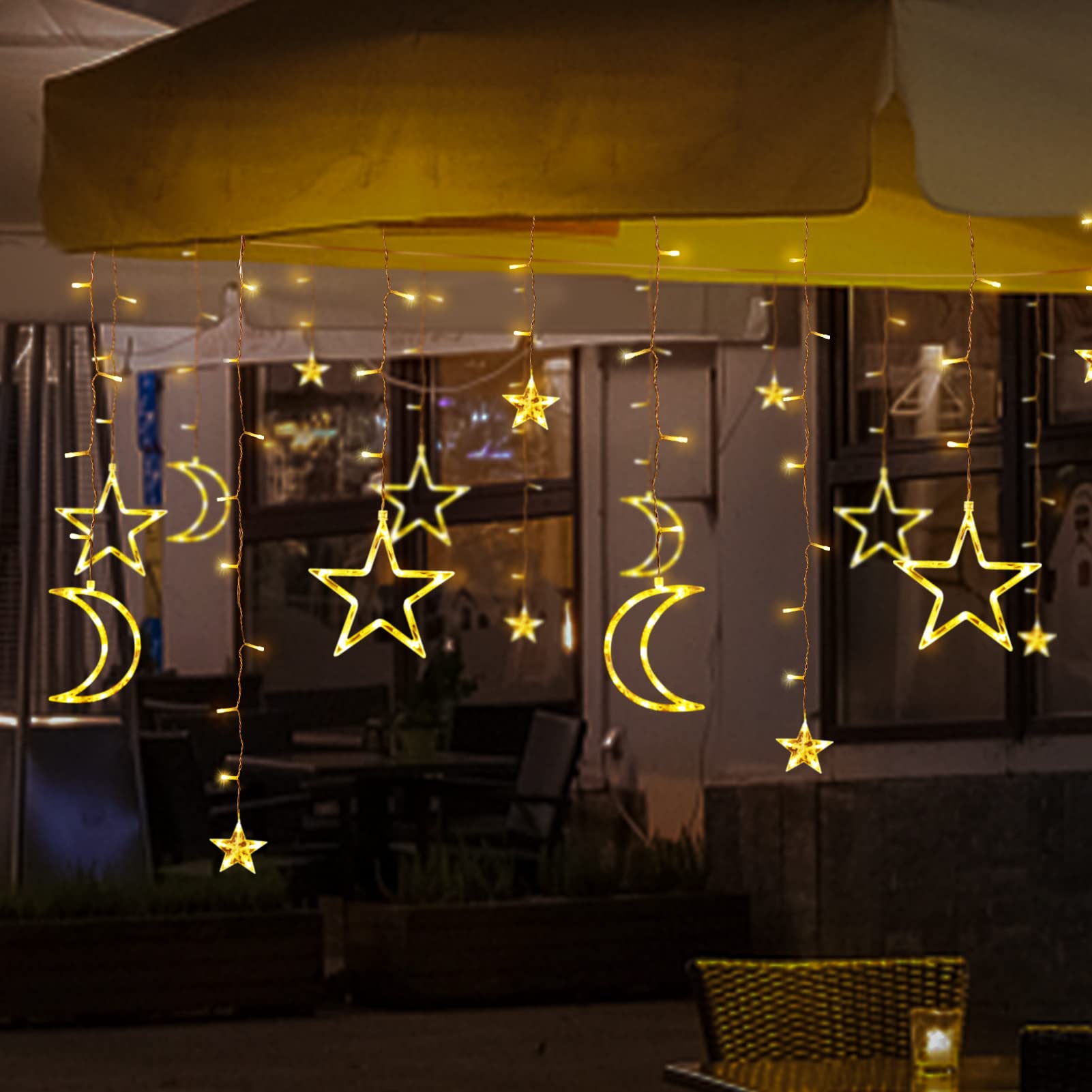 Xinxianlian 138 Led Ramadan Decorations Light Solar Moon Star Lights String Light Outdoor Waterproof Solar Powered Curtain Lights With 8 Modes Ramadan Hanging Decor For Patio (Warm White)