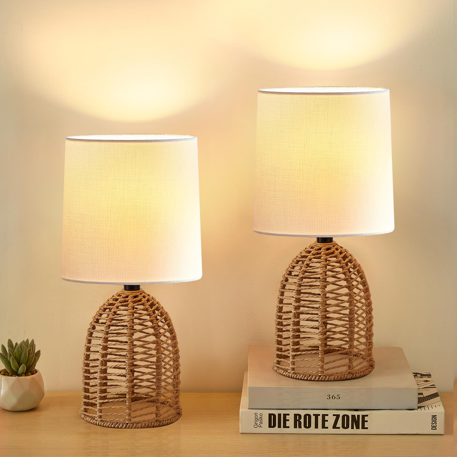 EJIAXIN Rattan Lamp Boho Lamps Set of 2-13.75'' Mini Farmhouse Table Lamp Rustic End Table Decorative Small Lamps for Small Spac