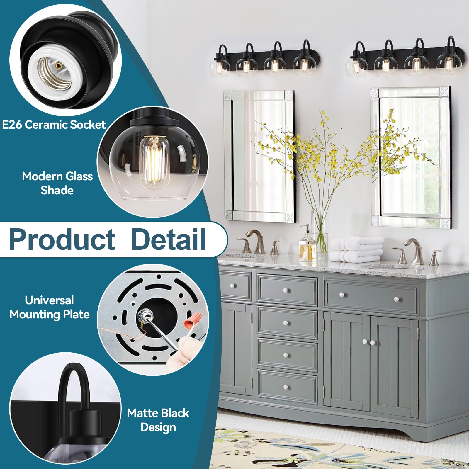 Dpyrrhic 4-Light Bathroom Vanity Light Fixture, Matte Black Metal, Clear Glass Globe Shade, Model JD-193