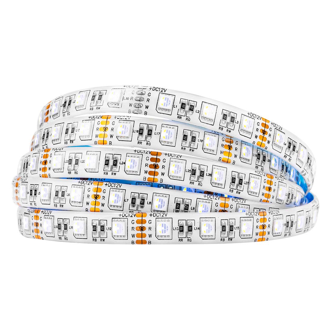 BTF-LIGHTING 5050 RGBW RGB+Cool White(6000K-7000K) 4 Colors in 1 LED Tape Light DC12V 5m 16.4ft 60LED/m Multi-Colored IP65 White 12mm PCB for Bedroom Kitchen Home Decoration(No Adapter or Controller)