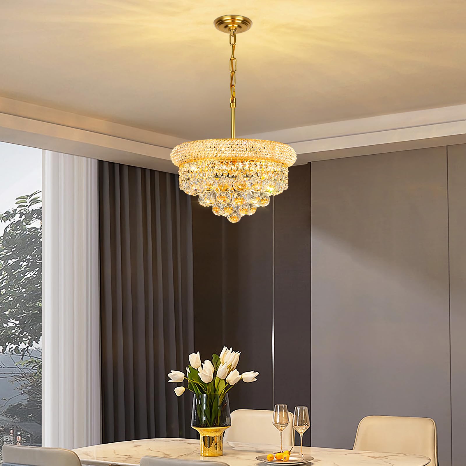 Gifarich Crystal Chandelier - Gold 4-Light Dining Room Light Fixture, D15'', Model 8846-4, Empire Style for Kitchen and Entryway