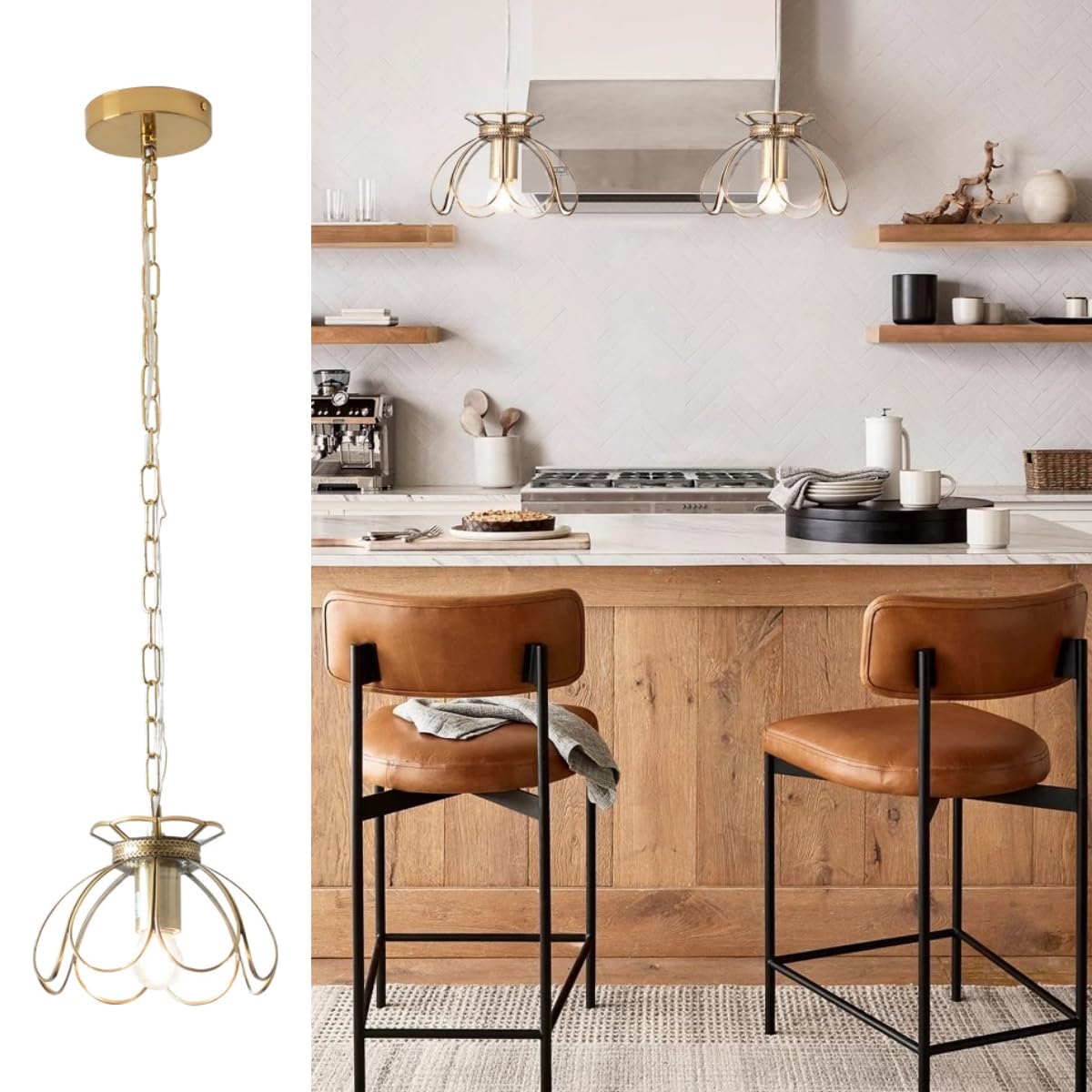 Yifi Glass Pendant Light Fixture, Brass Ceiling Pendant Lighting, Adjustable Chain Gold Mini Chandelier, Elegant Flower Hanging 