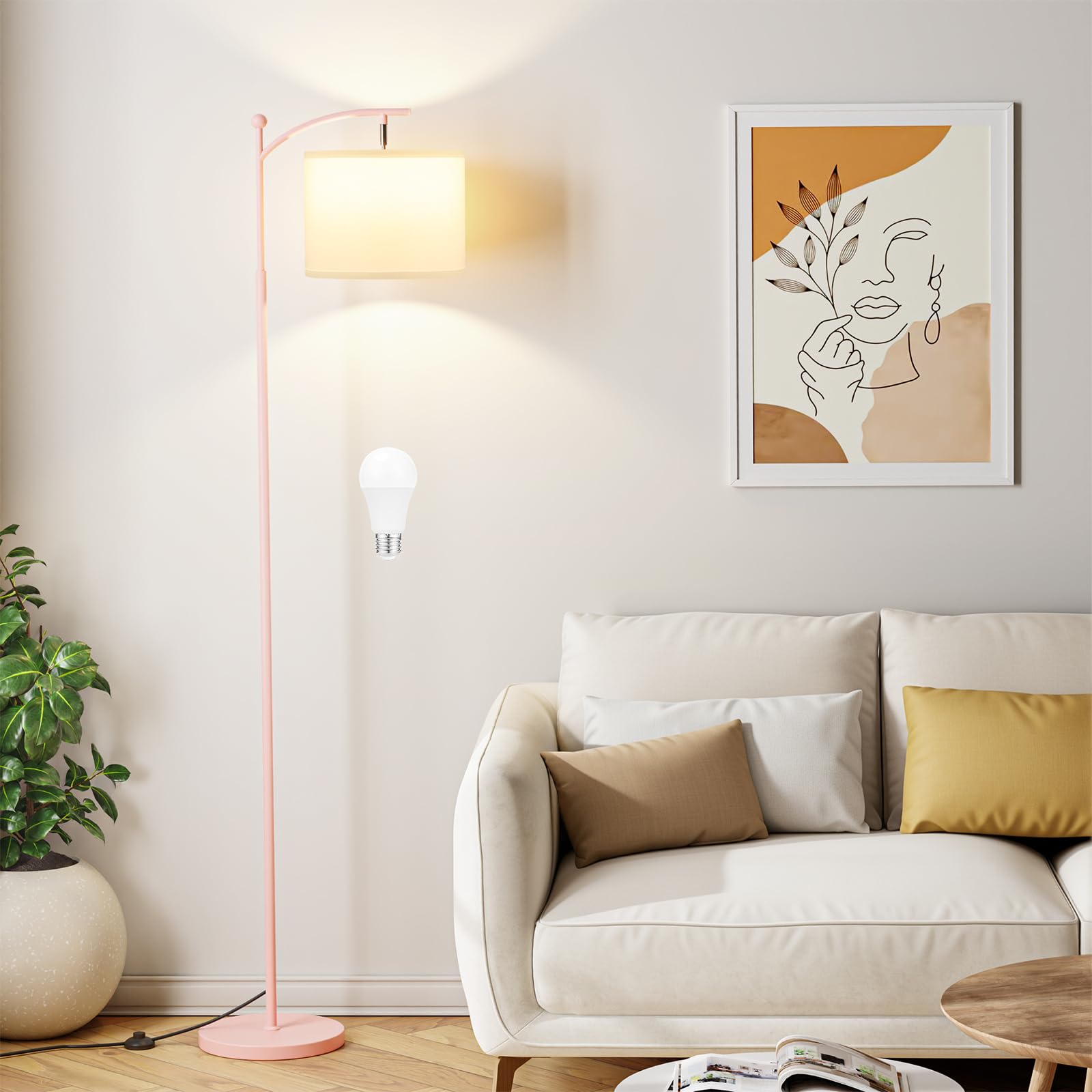 60'' Floor Lamps for Living Room with 3 Color Temperatures, Adjustable White Shade with Pink Pole, Tall Lamps for Living Room Be