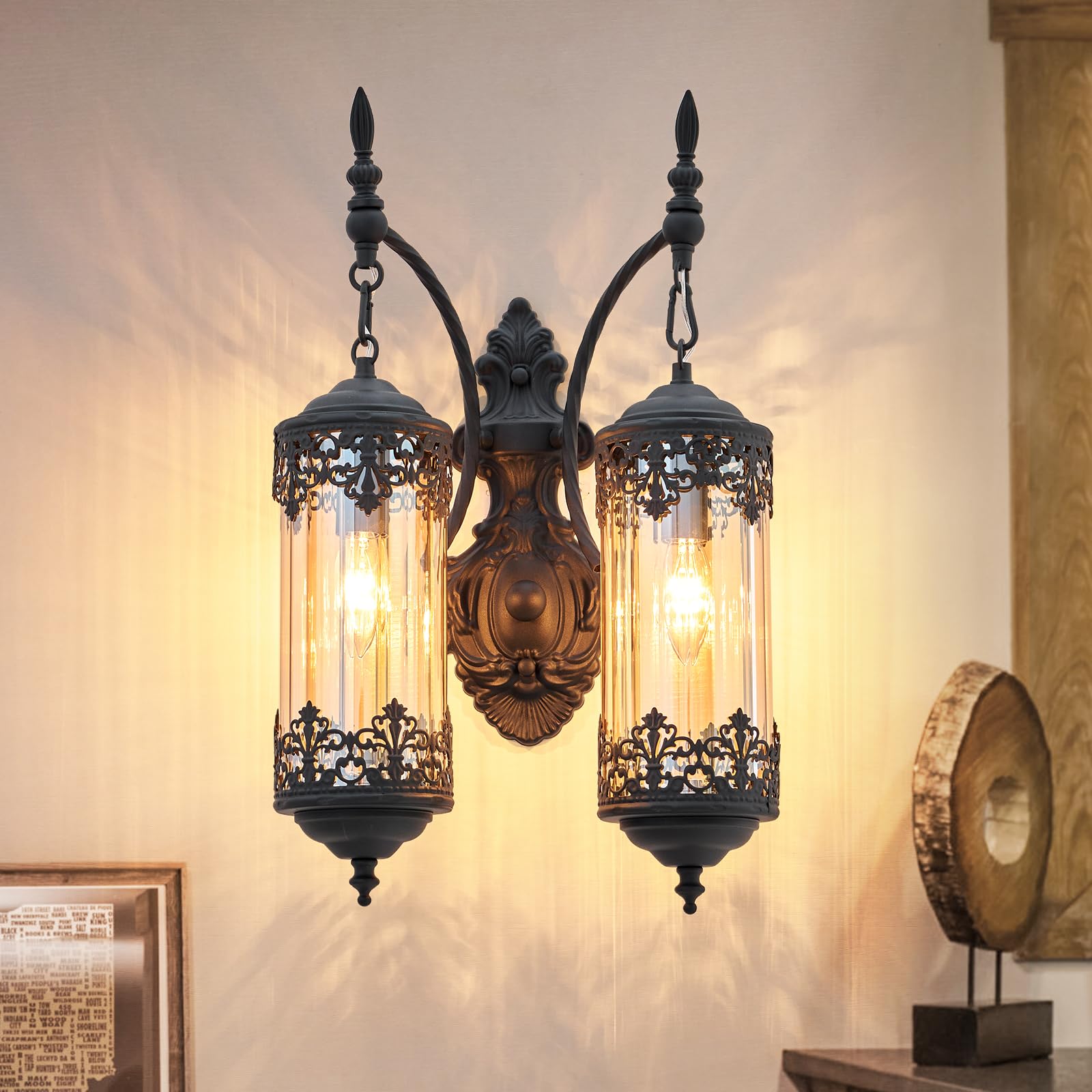 Ronghuafugui Rustic Wall Sconce, Black Antique 2-Light Vintage Lantern For Bedroom & Living Room