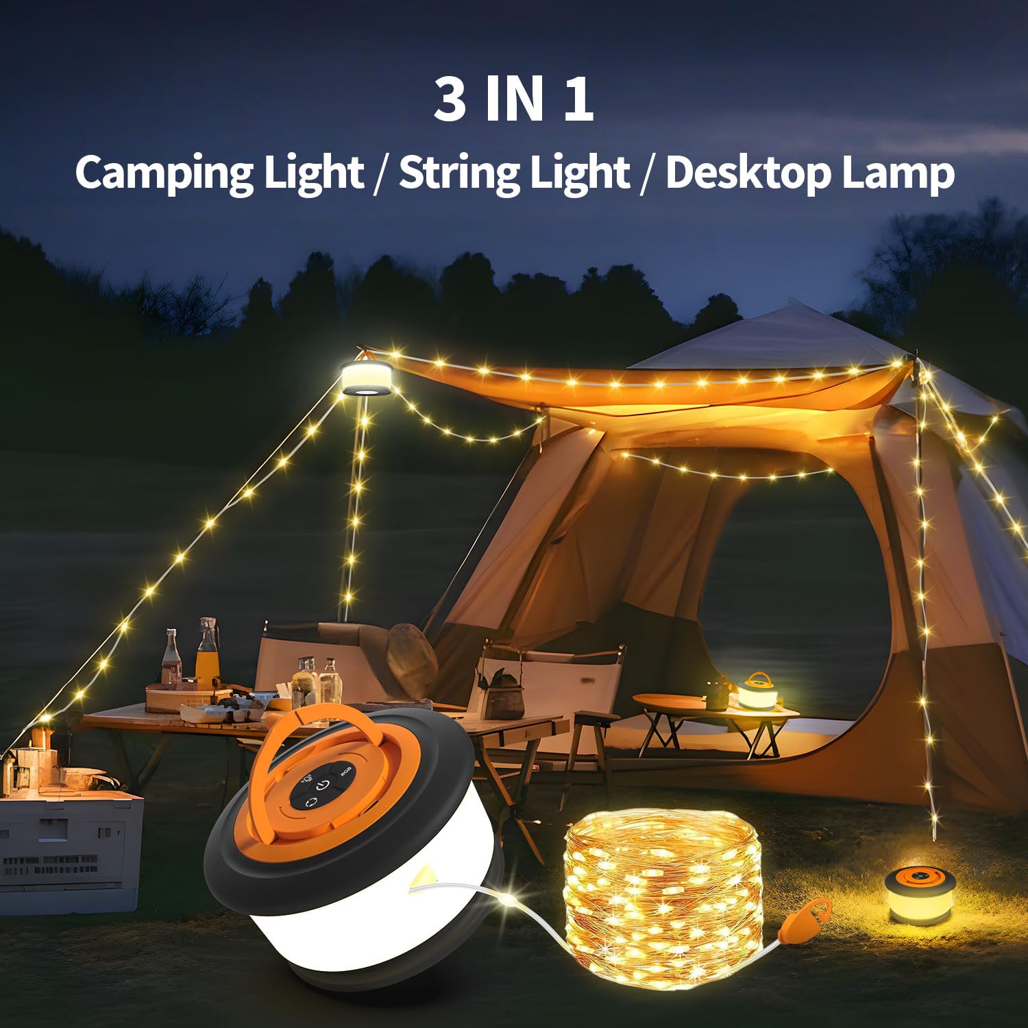 Zocelight 2pcs Camping String Lights, 32.8FT Rechargeable LED, 19 Lighting Modes, Black & Orange, Model L26-B-O-2pcs
