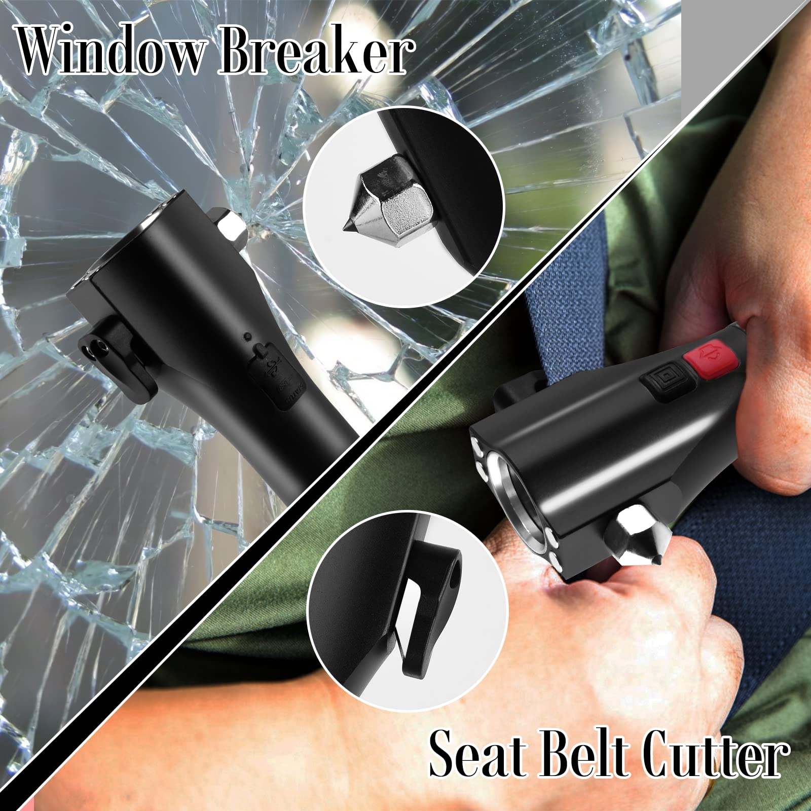 Unicumoo Solar Powered Car Safety Hammer Flashlight With Seatbelt Cutter, Led High Lumens, Red And Blue Sos Flashing, Usb Chargi