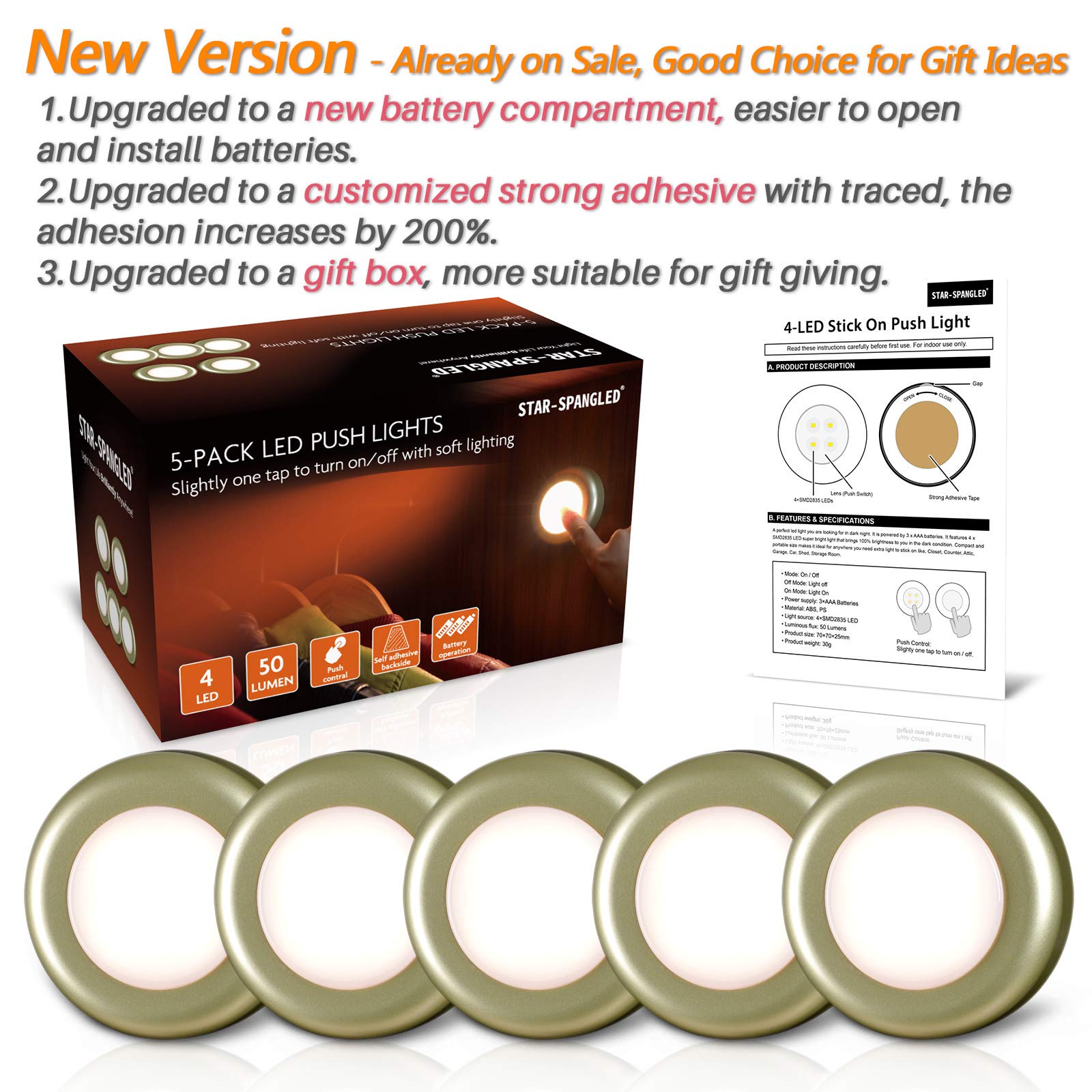 Star-Spangled 5 Pack Push Tap Lights, Led Touch Puck Lights, Golden Warm White, Battery Operated, Model Us-8016-Ye5-G