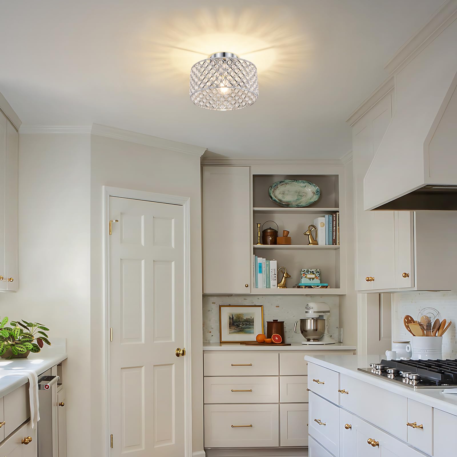 Bzvesr Chrome Crystal Ceiling Light Fixture Modern Semi Flush Mount Ceiling Lighting Fixture Round Small Chandelier For Dining Room  Hallway  Entryway  Kitchen  Bedroom Foyer 1 Light 11.2 Inch