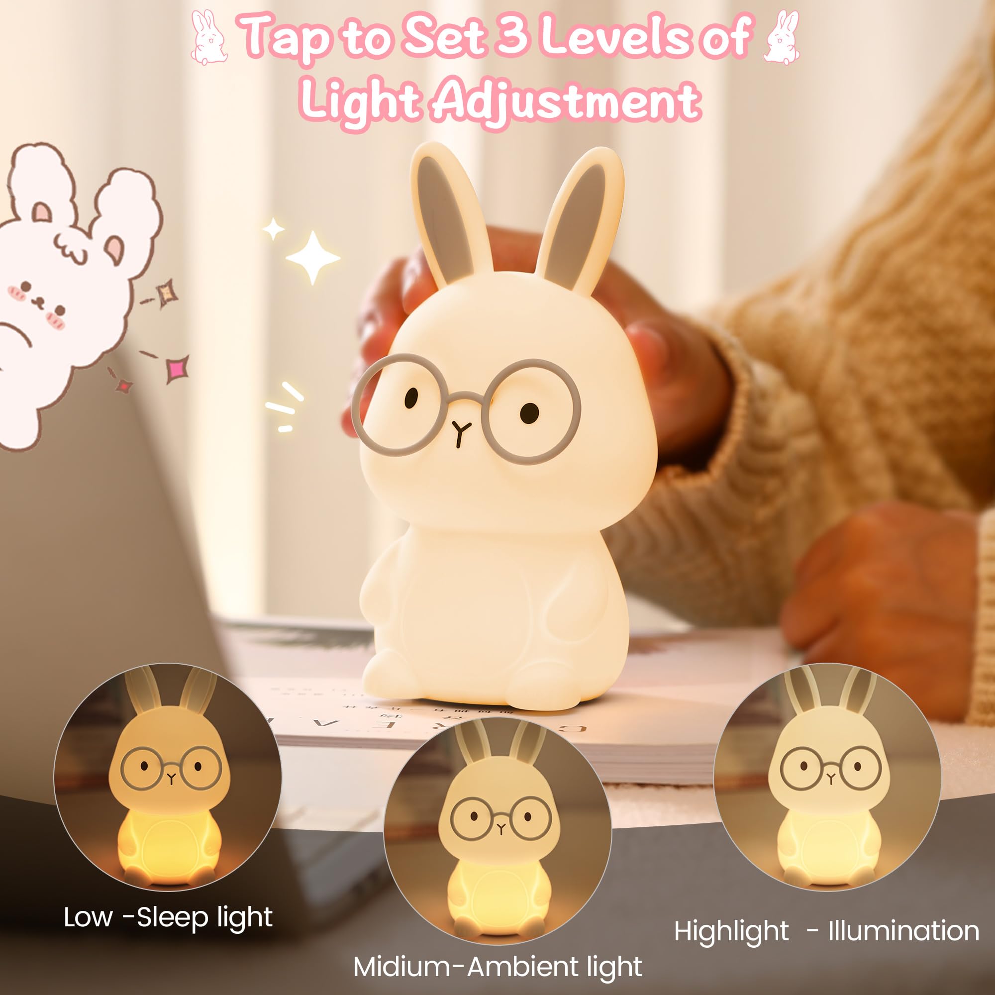 FAMIDUO Bunny Night Light, Rechargeable LED Rabbit Lamp, Silicone, Color Changing, 3 Levels Dimmable, White-Gray, Model XR-MM-L2414