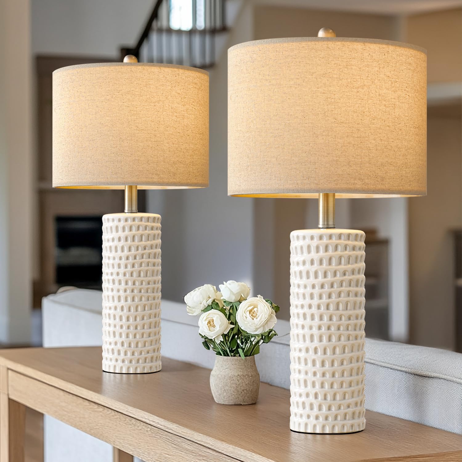 PORTRES 24in Farmhouse Ceramic Table Lamp Set of 2, White, Modern Accent Lighting for Bedroom, Living Room, Office, Model AMZ-T1062L-WH