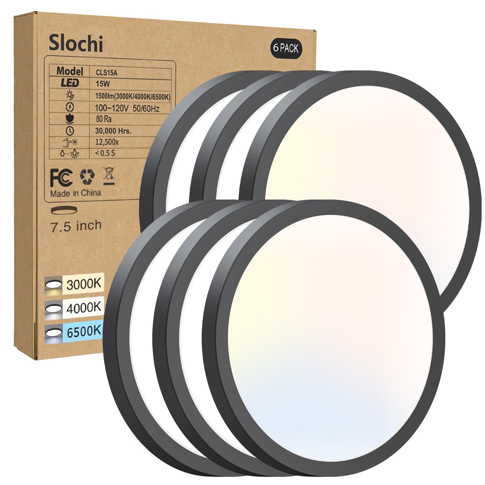 slochi 6 Pack Flush Mount Ceiling Light, Ultra Thin 7.5 Inch, Adjustable 3000K-4000K-6500K, Black, Plastic