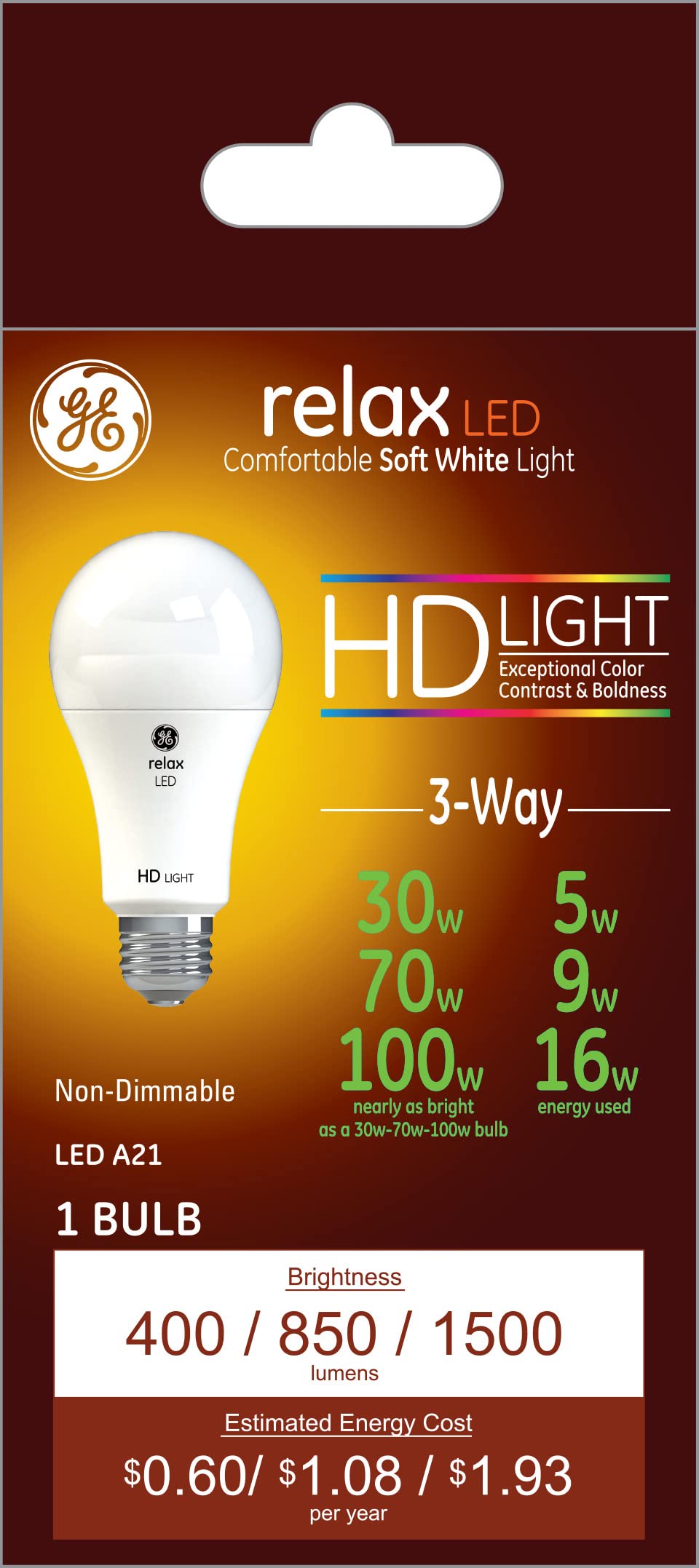 Ge Lighting Relax Led 3-Way Light Bulb, 5/11/16 Watt, Soft White, A21 Standard Light Bulb, Ca Compliant (1 Pack)