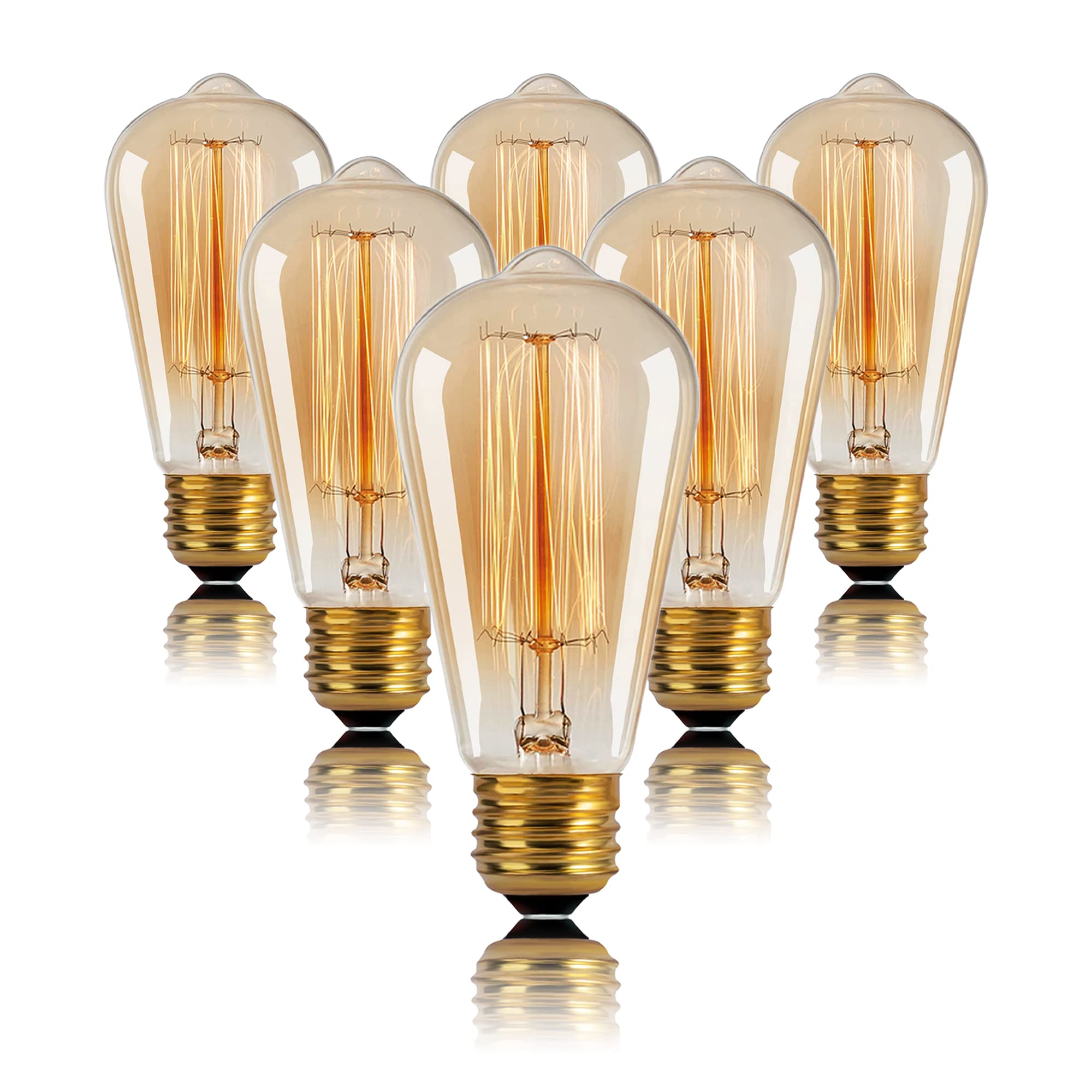 Kellarosses ST64 Incandescent Edison Bulbs 60W 6-Pack, 2200K Warm Amber Glow, E26/E27 Dual Base, Dimmable Vintage Light - 360 Ha