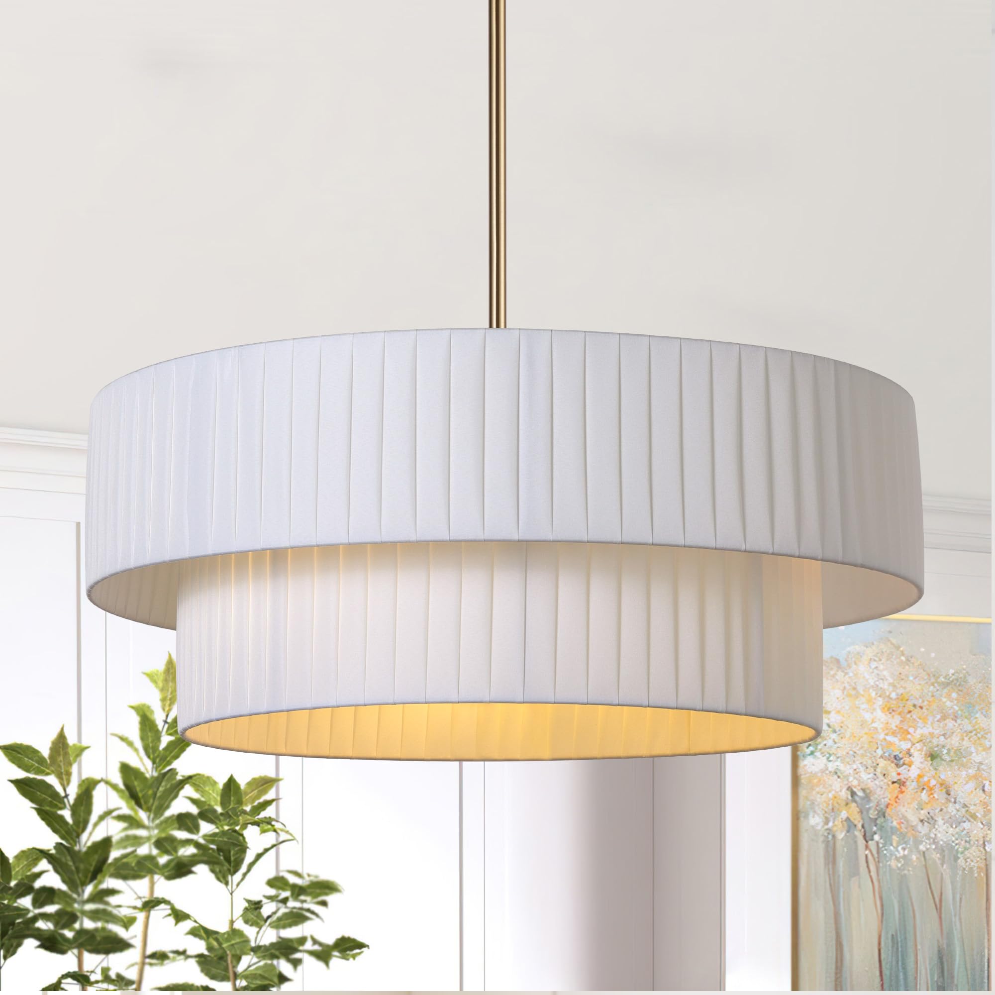 Lamqee Modern Large Drum Chandelier, 2-Tire 23.6Inch Ceiling Hanging Light Fixture 5-Light Black Semi Flush Mount Pendant Light 