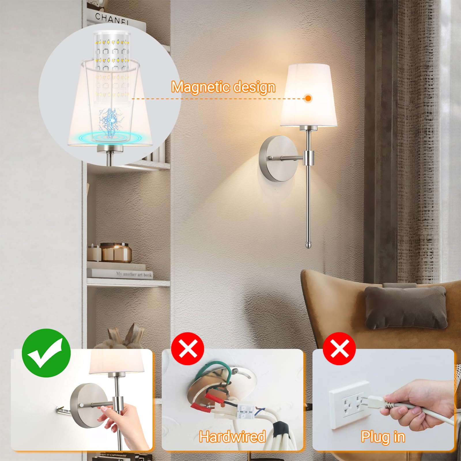 Nekhung Battery Operated Wall Sconces Set of 2, Wireless RGB Rechargeable Light, Nickel, 20-inch, Remote Control, No Electrician Needed