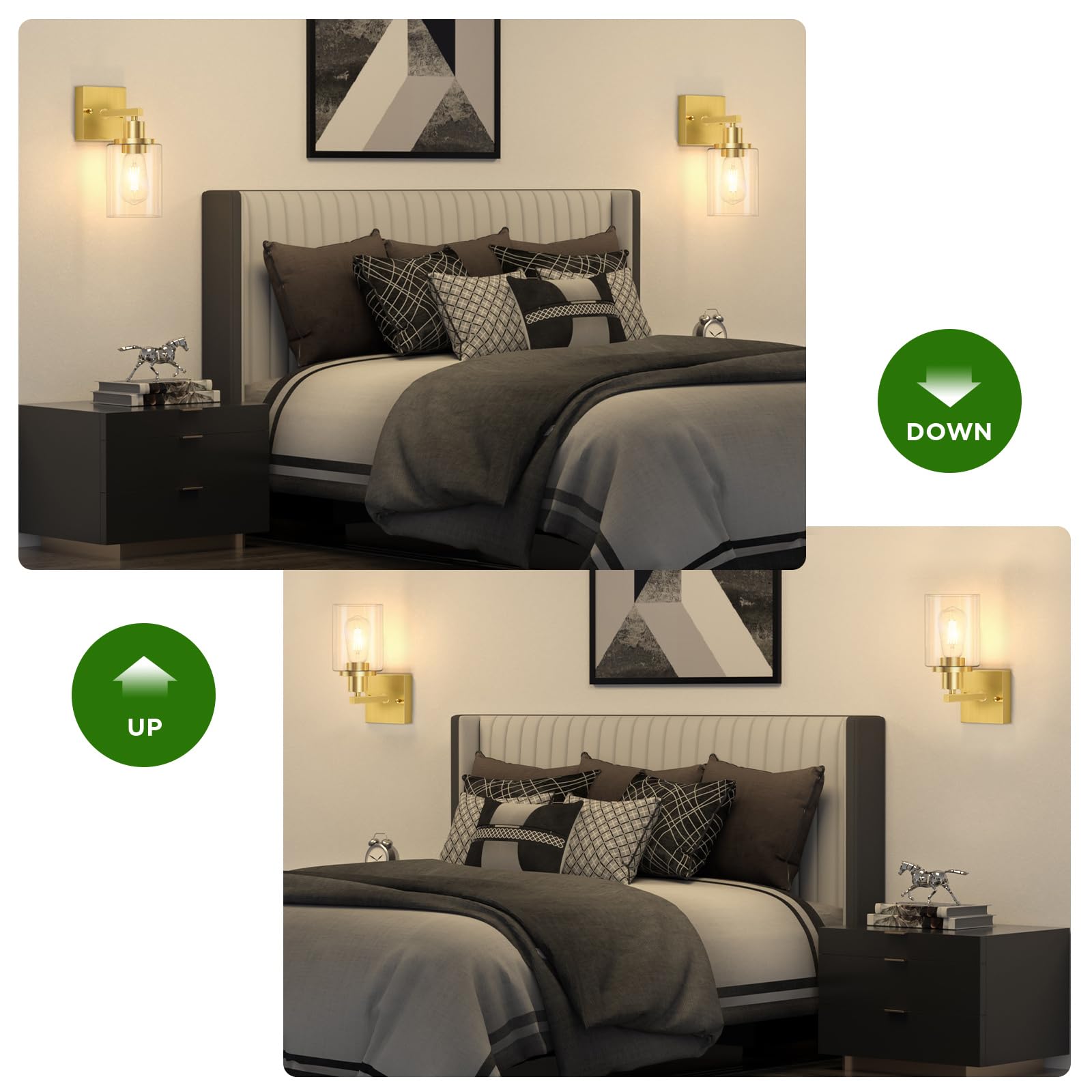 Licperron Gold Wall Sconces Set of 2, Modern Glass Shade Lighting Fixtures for Bathroom, Bedroom, Living Room, Hallway, E26 Base