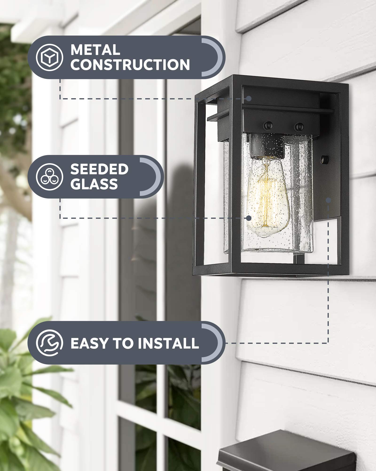 Osimir Outdoor Wall Lights, Black Waterproof Aluminum Fixtures, Modern Square Design, 2103-1W-2PK, Seeded Glass, 2 Pack