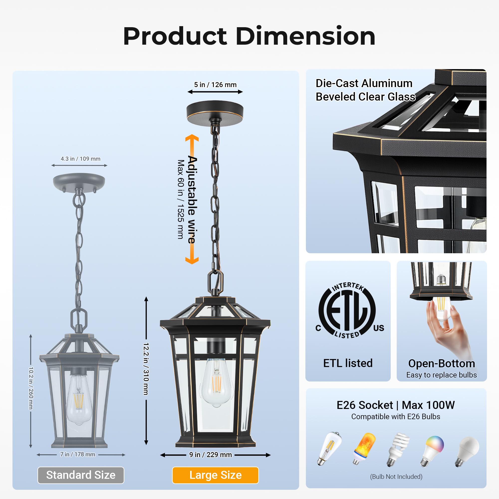 VIANIS Large Outdoor Pendant Light, Black & Gold Aluminum Chandelier, Adjustable Chain, Tempered Glass, Model V8309M