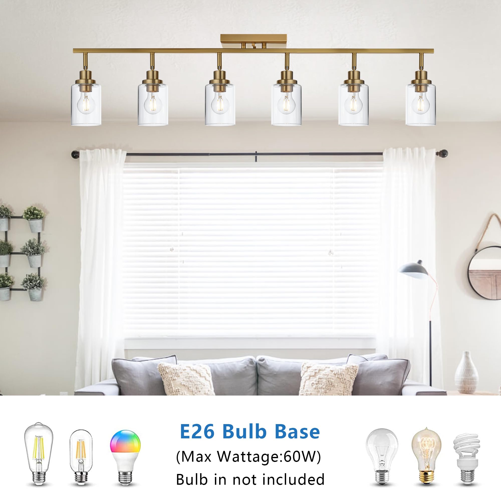 Melucee 6 Light Bathroom Vanity Light Fixtures Multi-Directional Rotating Track Lighting Kit Brass, Ceiling Spotlight Fixture For Kitchen Foyer Bath, Clear Glass Shade