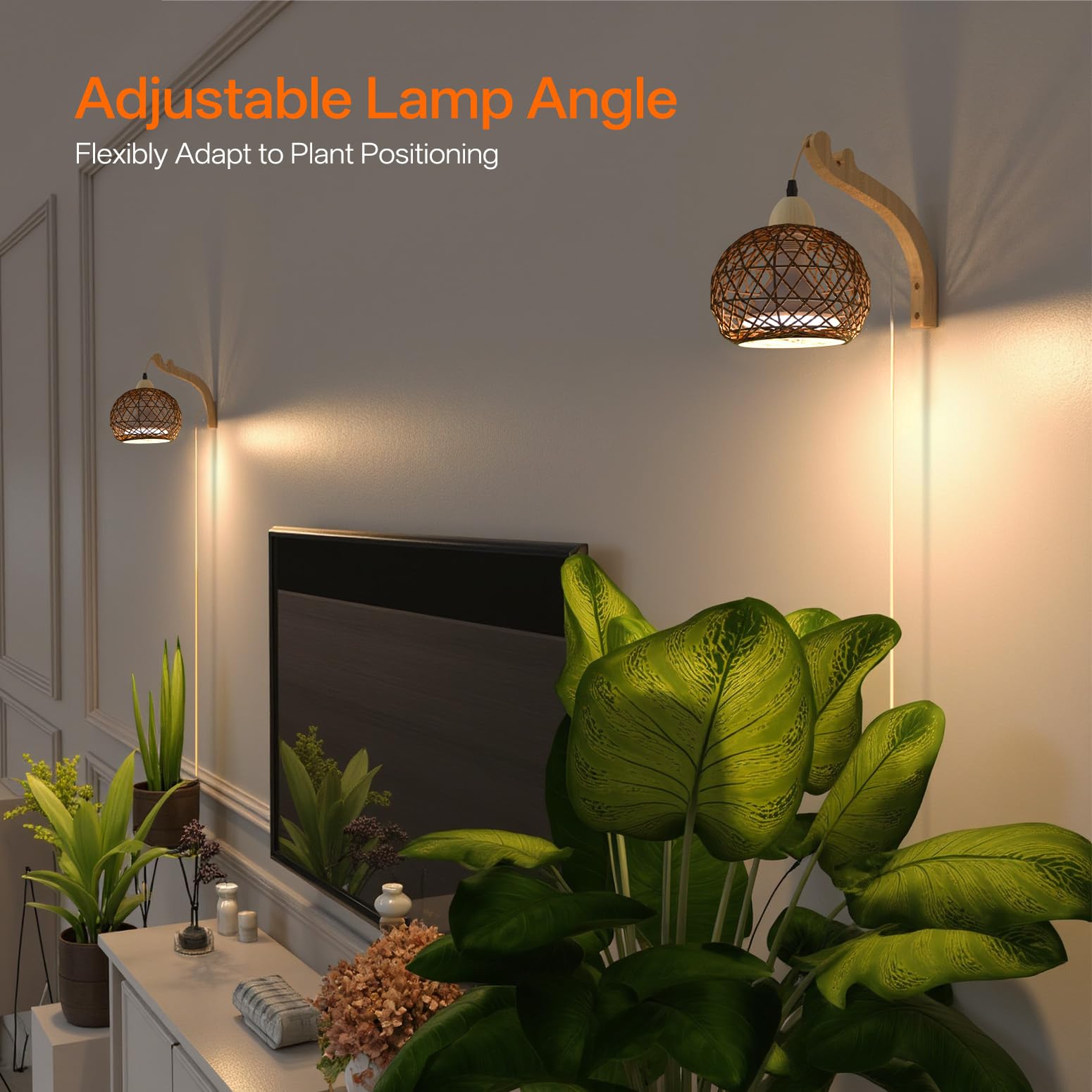 Bstrip 18W Full Spectrum Hanging Grow Light with Rattan Shade, 3800K Warm White, 9.8FT Cord - Ideal for Indoor Plants