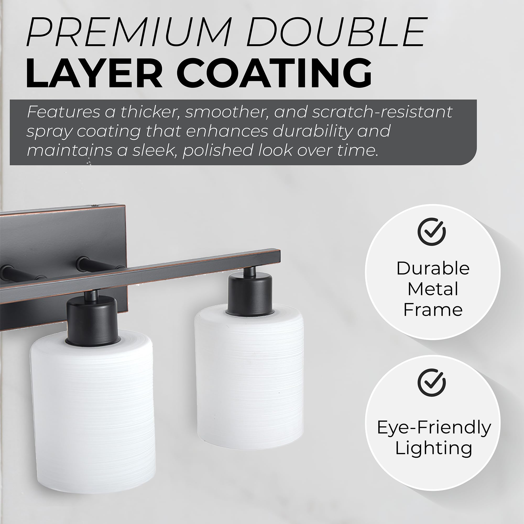 The Door Bull Modern Bathroom Vanity Light, 3 Lights, Oil-Rubbed Bronze, Stainless Steel, Milky White Glass Shades, Model VNT-1000