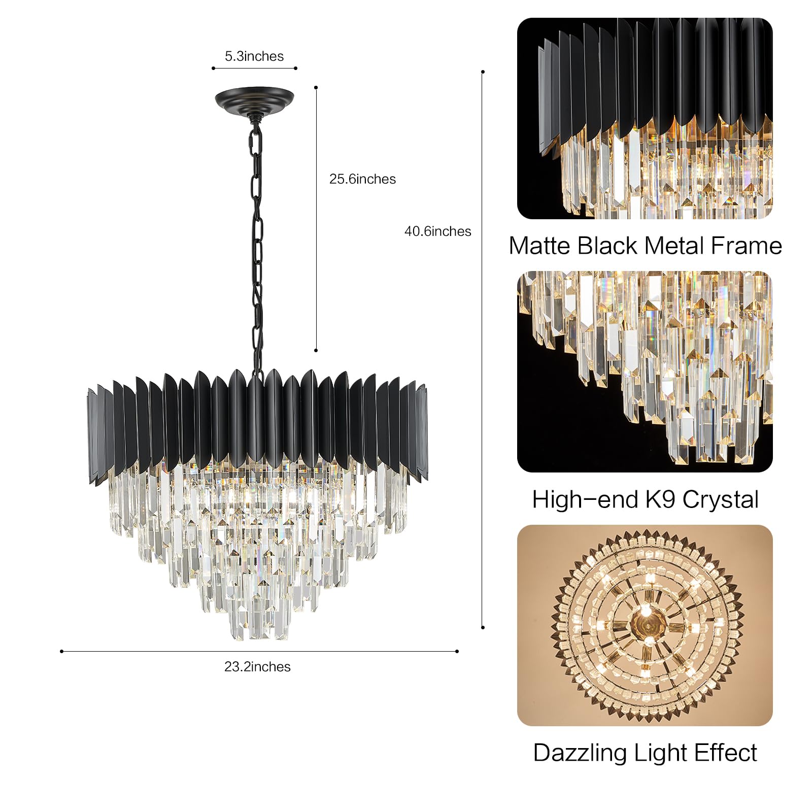 Yolizuot Black Crystal Chandelier 24'' K9 Crystal Round Pendant Lights Adjustable 5-Tier Large Modern Crystal Chandelier Light 1