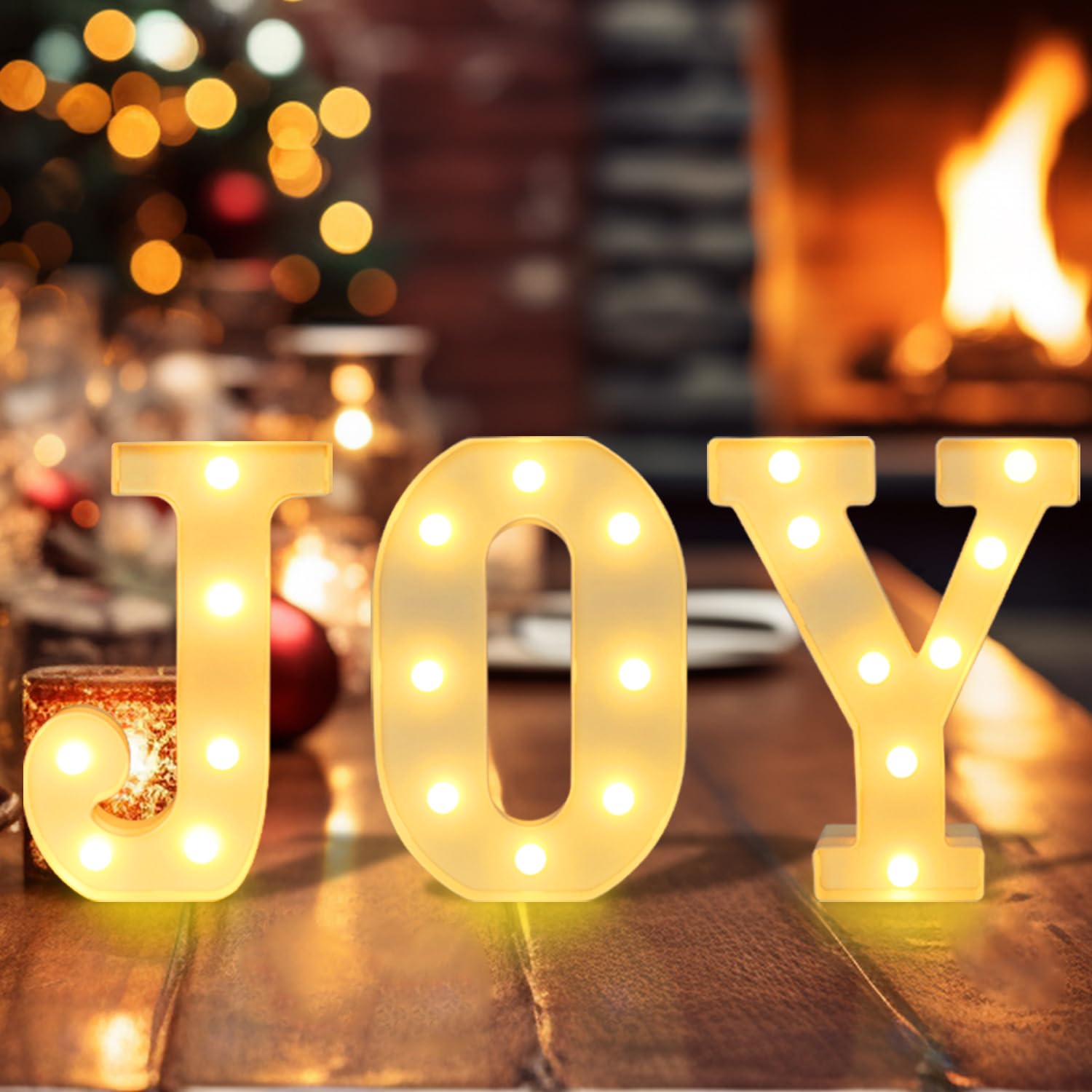 Christmas Decorations Indoor, Marquee Light Up Letters JOY LED Letter Lights Sign, Battery Powered Christmas Table Decorations for Mantle Home Bedroom Tabletop Fireplace Wall Xmas Decor(3 Pcs, White)
