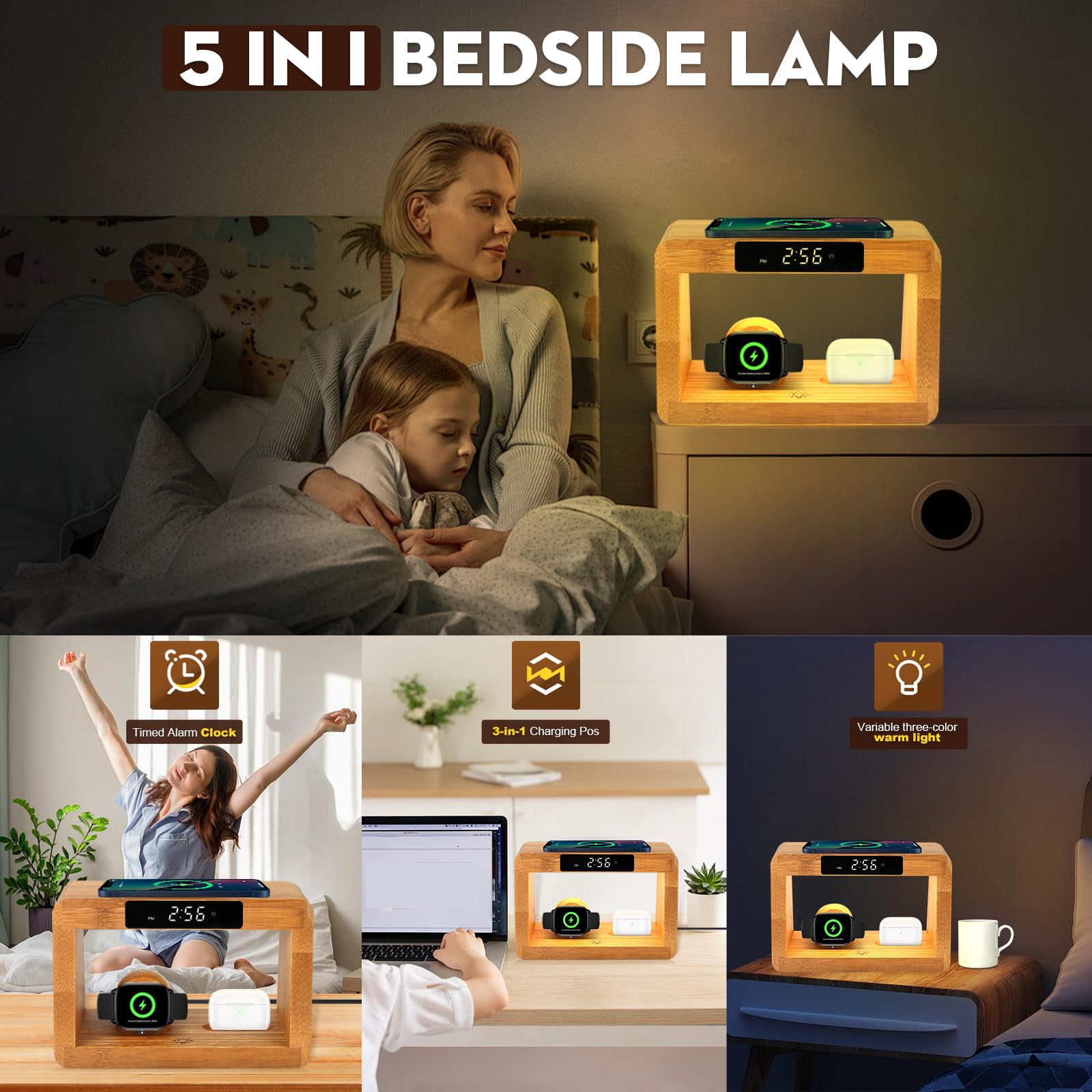 Hqobzx Wooden Bedside Table Lamps For Bedroom With Wireless Charger, Nightstand Lamp With Charging Station, 3 Night Light Modes